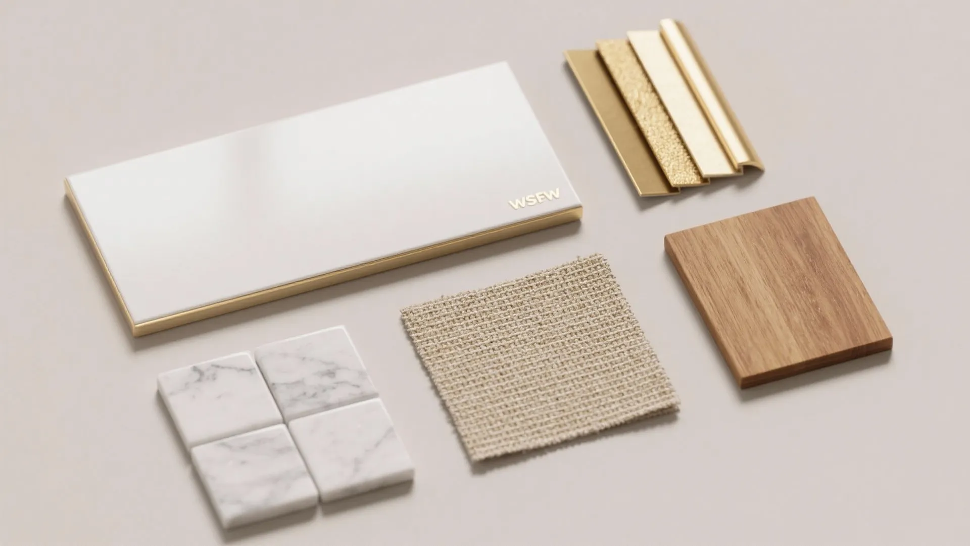 Flatlay of material swatches: matte and satin white, gold trim, honed marble, sisal textile and wood