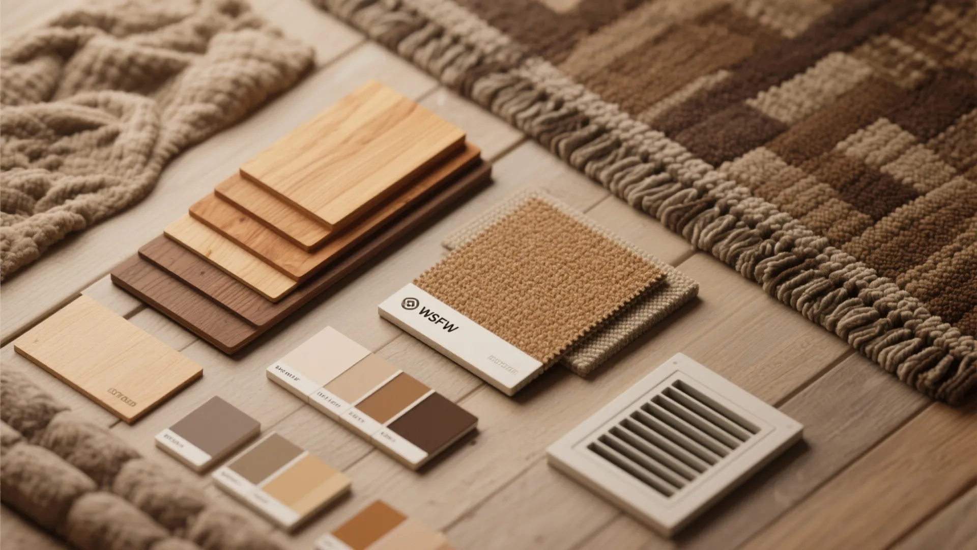 Flatlay of cabin material samples including warm wood, insulation swatch, and upholstery fabric.