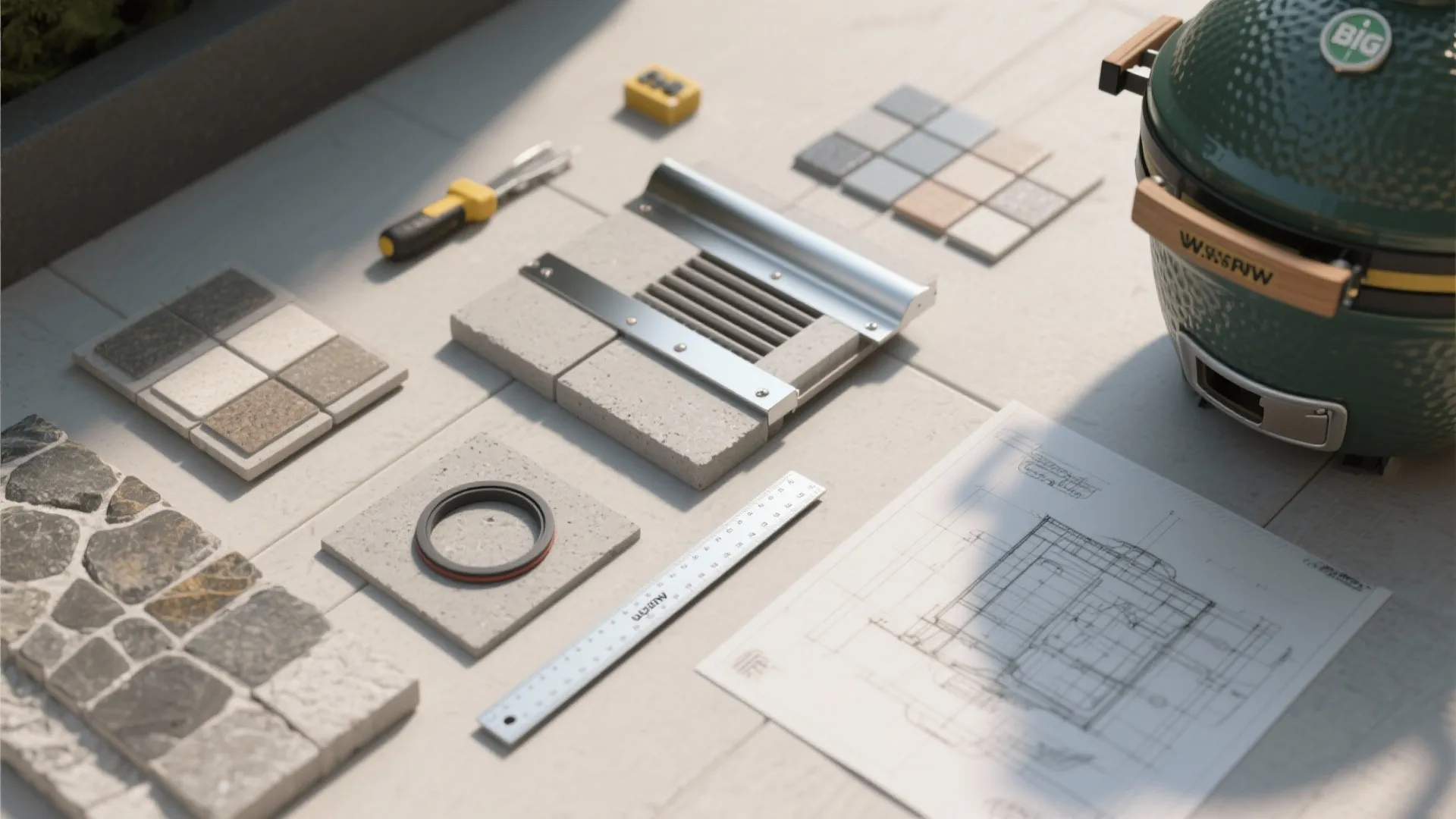 Flatlay of non-combustible material samples, stainless trim, gasket and layout tools for Egg installations.
