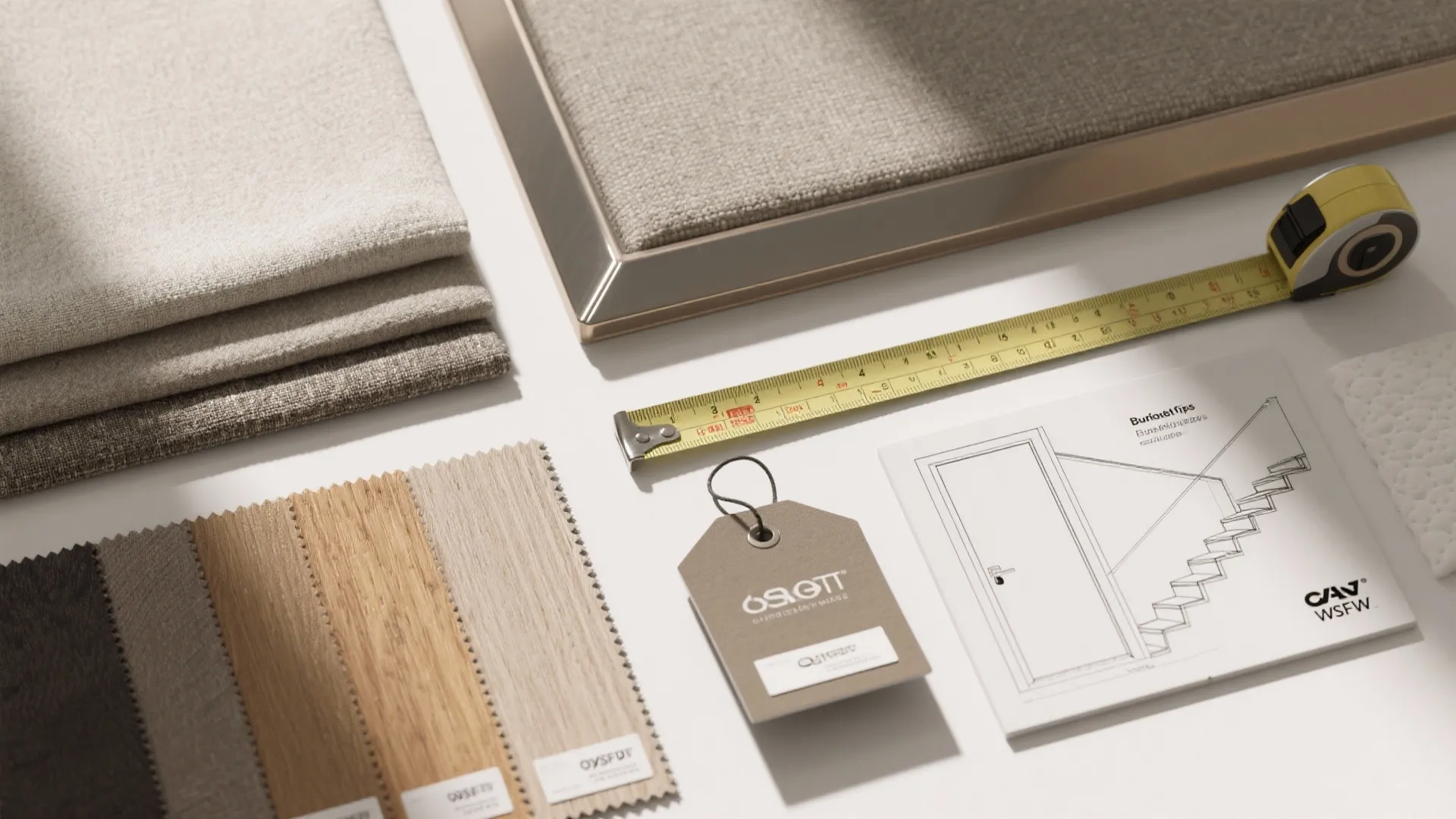 Interior design materials including fabric samples wood swatches measuring tape and a small stairs drawing