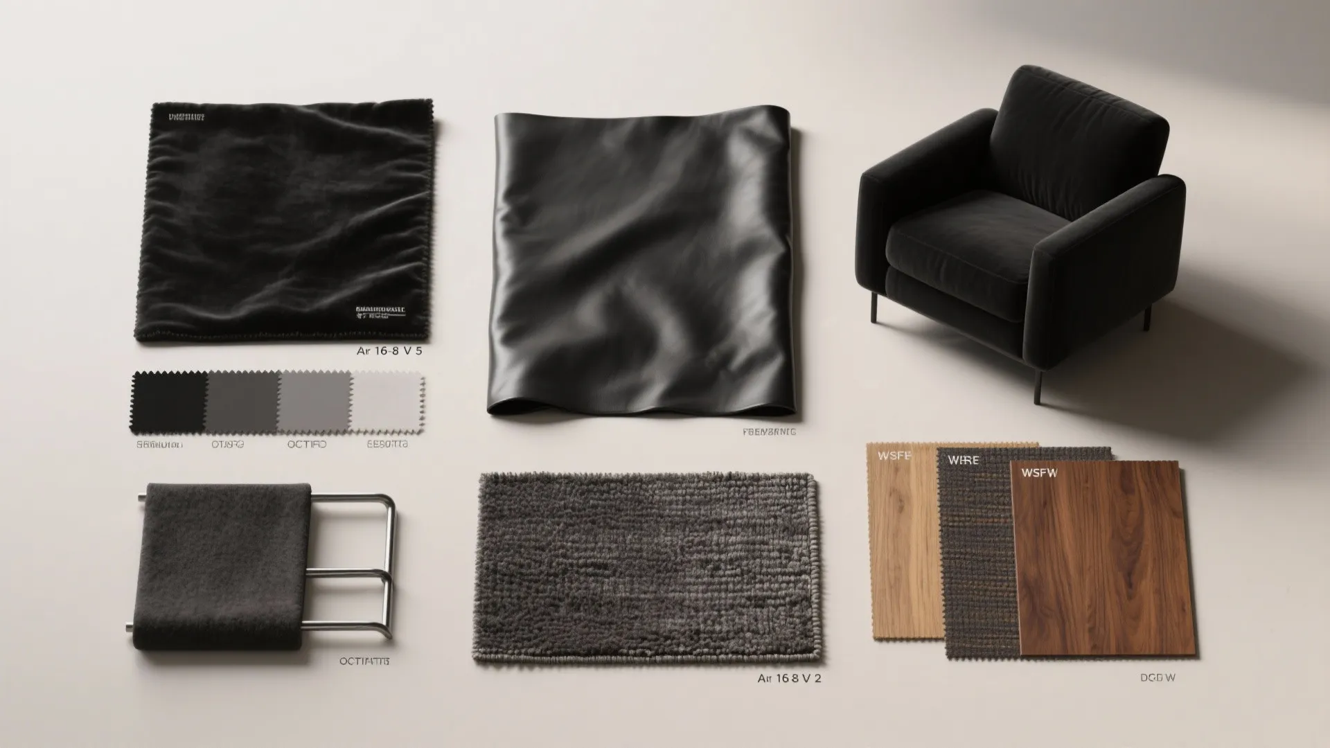 Material flatlay with swatches of performance velvet, leatherette, matte metal, low-pile rug and warm wood samples.