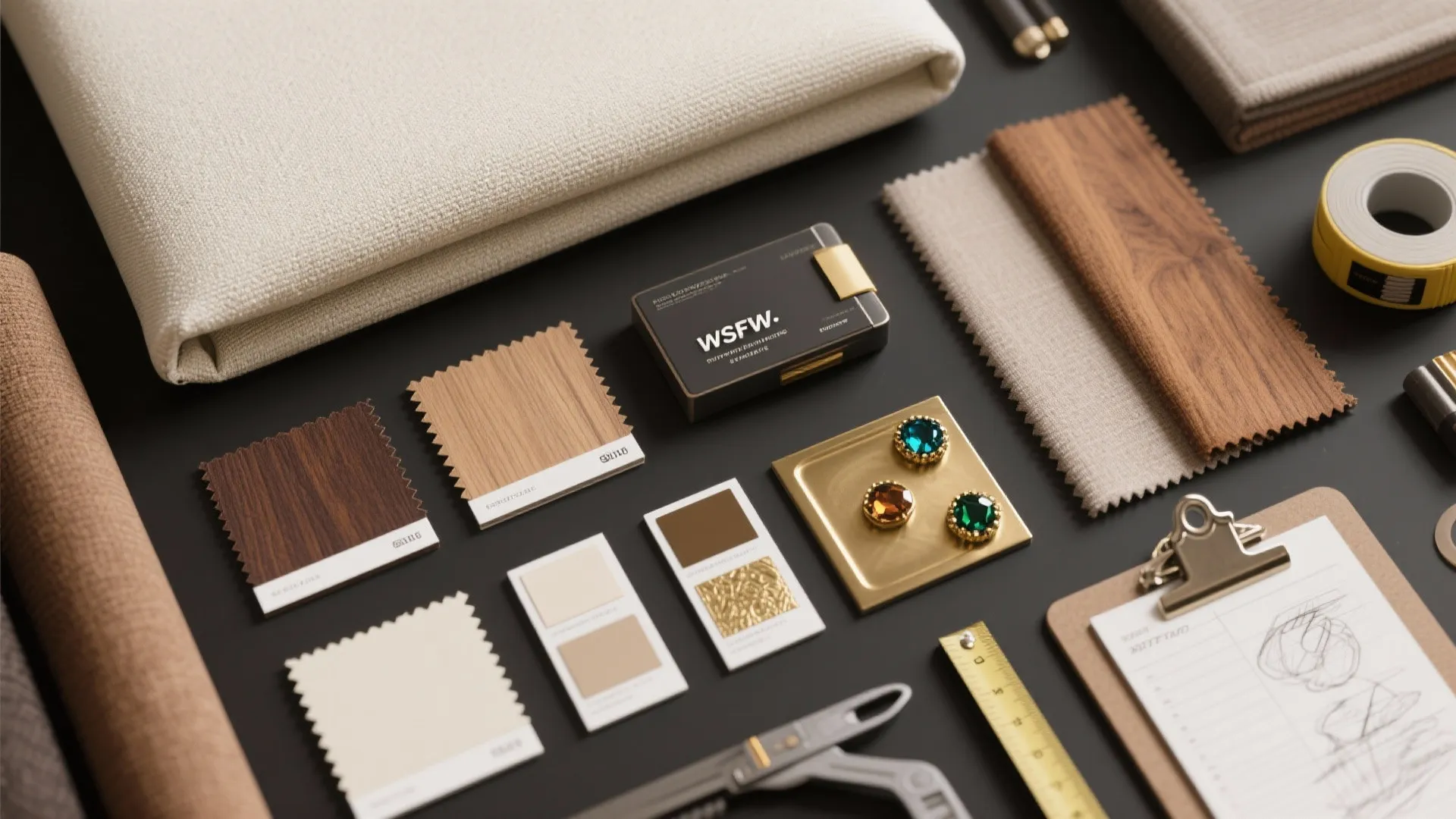 Interior design mood board with wood samples, fabric swatches, color cards, and professional drawing tools