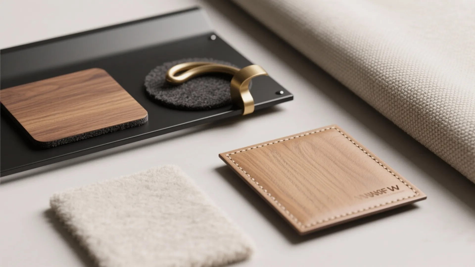 Interior design material samples including wood pieces fabric swatches and metal hook on white desk