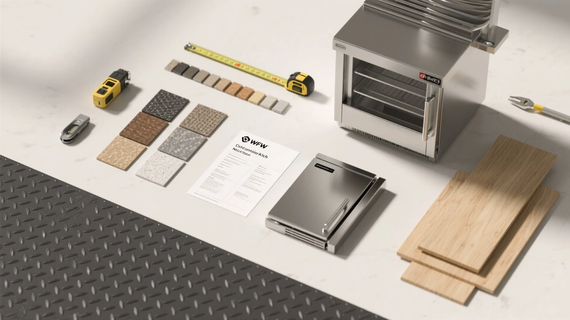 Flatlay of flooring swatches, stainless samples, refrigeration spec and plywood mock-up tools