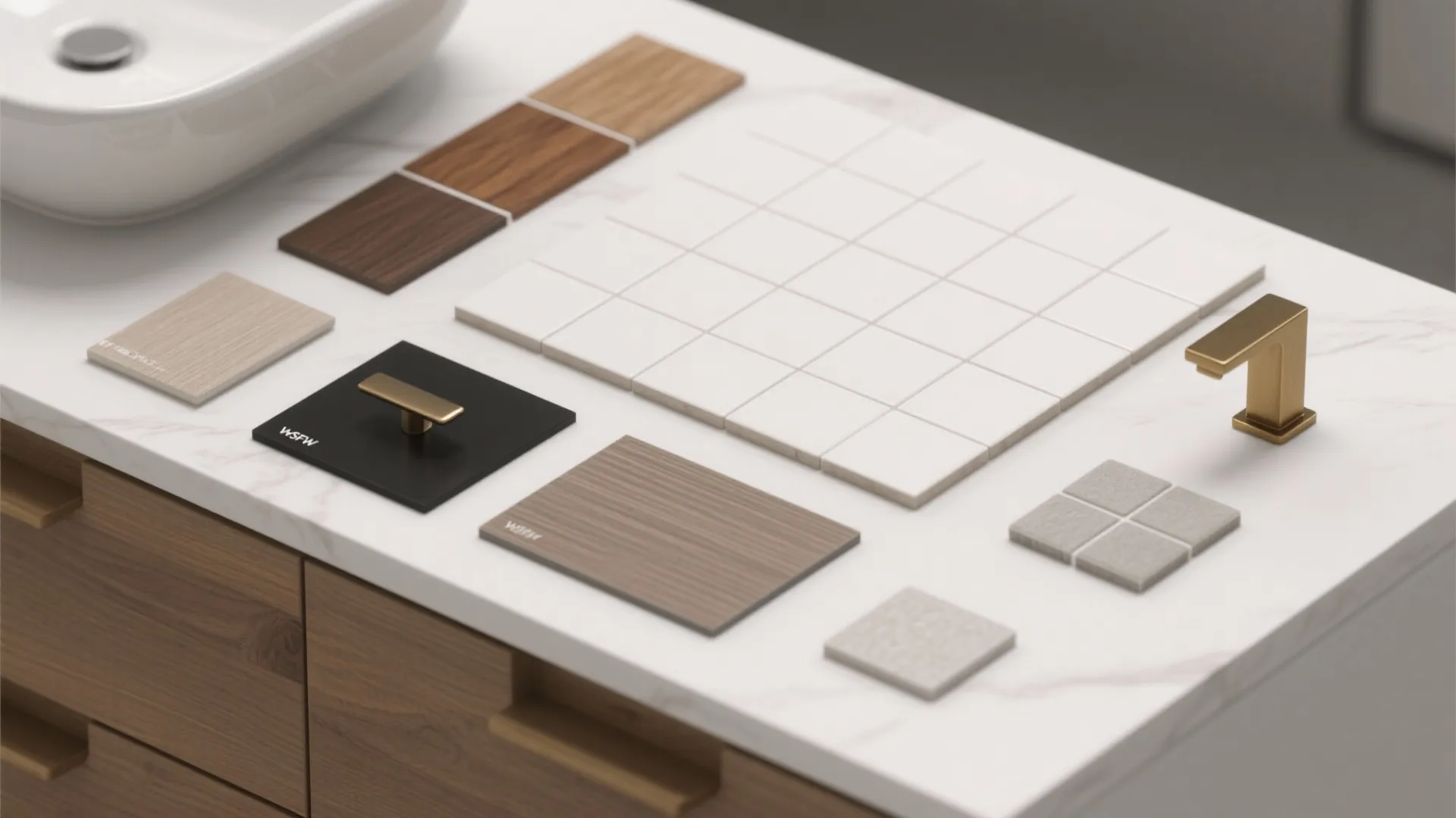 Flatlay of tile, wood veneer, and hardware samples for a white bathroom with a wood vanity