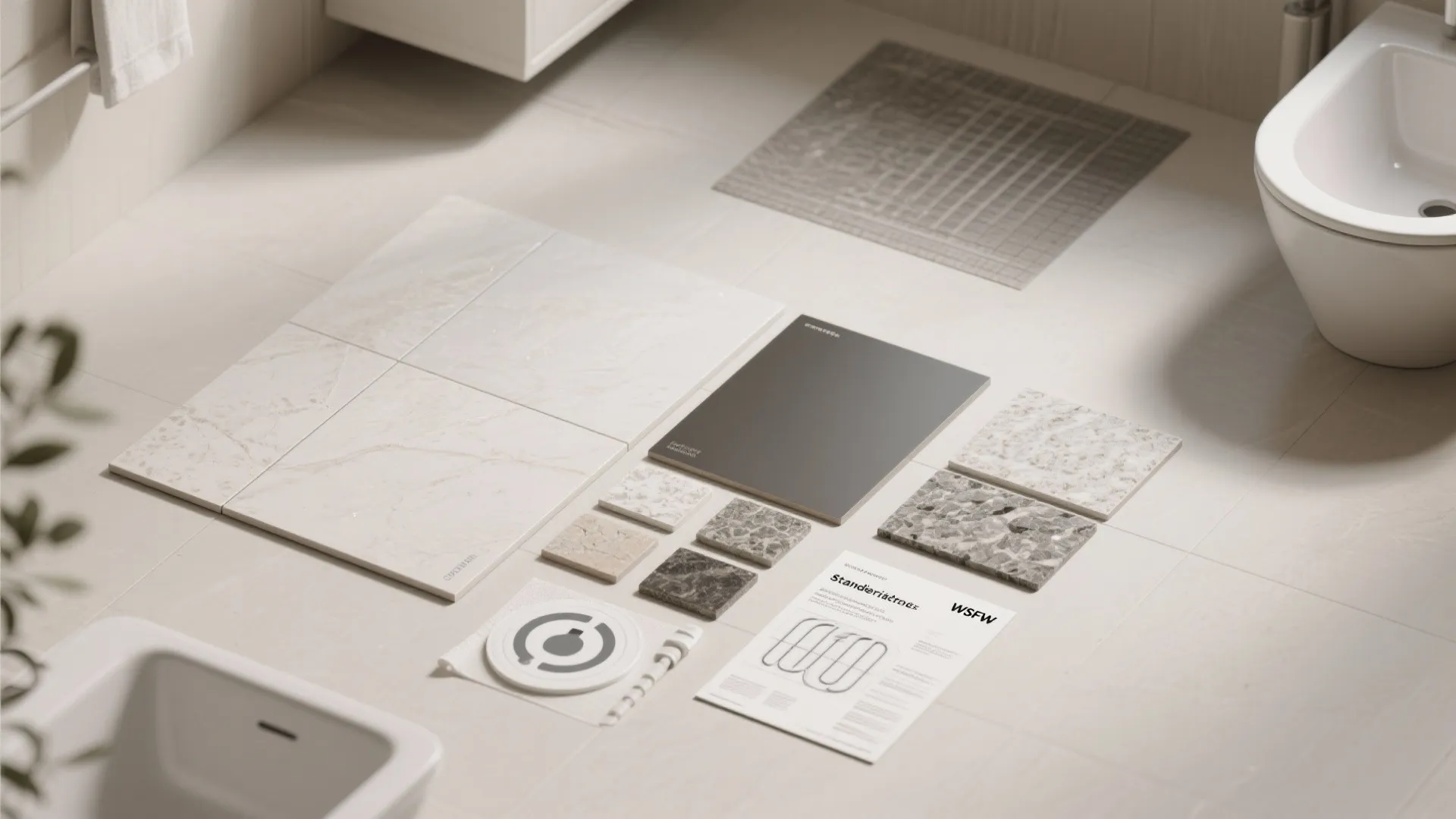 Interior design material board showing various marble tiles and stone samples laid on a beige floor