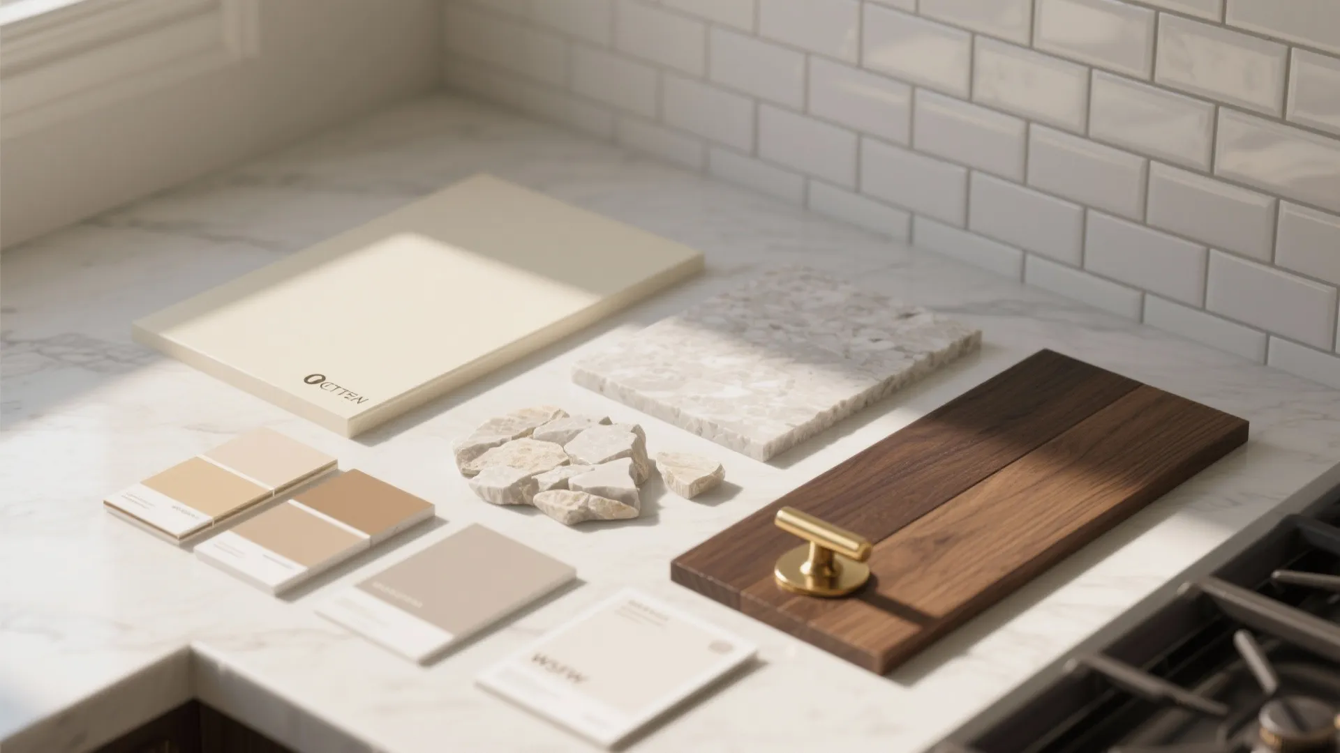 Kitchen material board with marble tiles, wood samples, color swatches, and a gold cabinet handle
