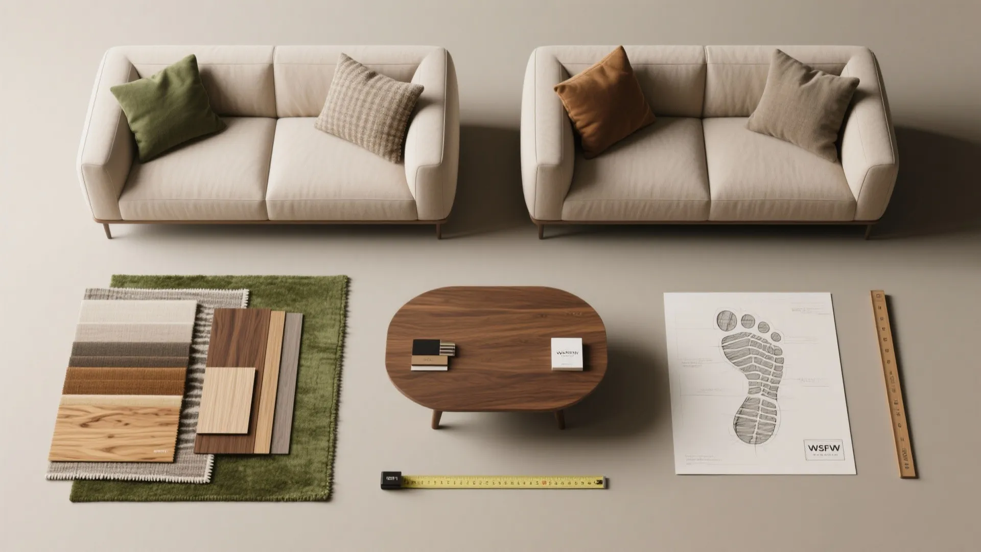 Flatlay of fabric swatches, wood samples and layout templates for planning two sofas