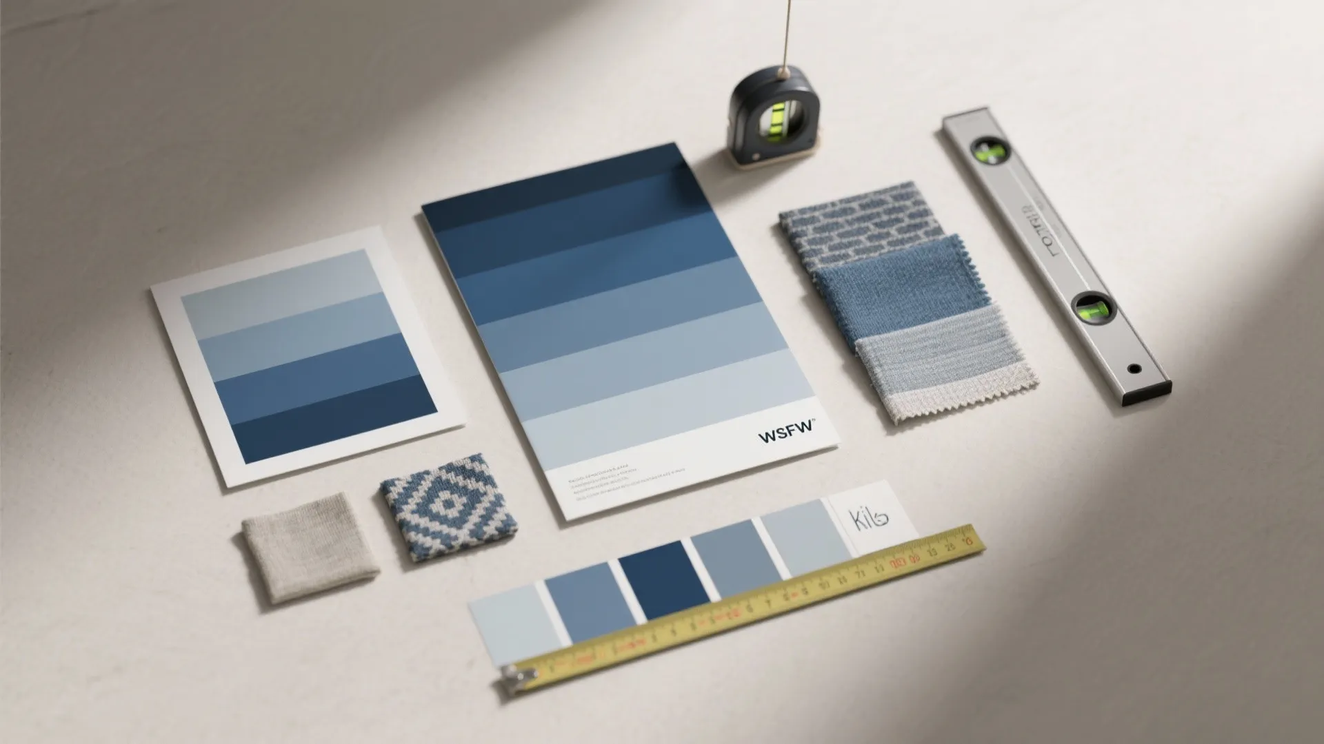 Flatlay of blue and gray paint chips, fabric swatches and measuring tools for planning wall art