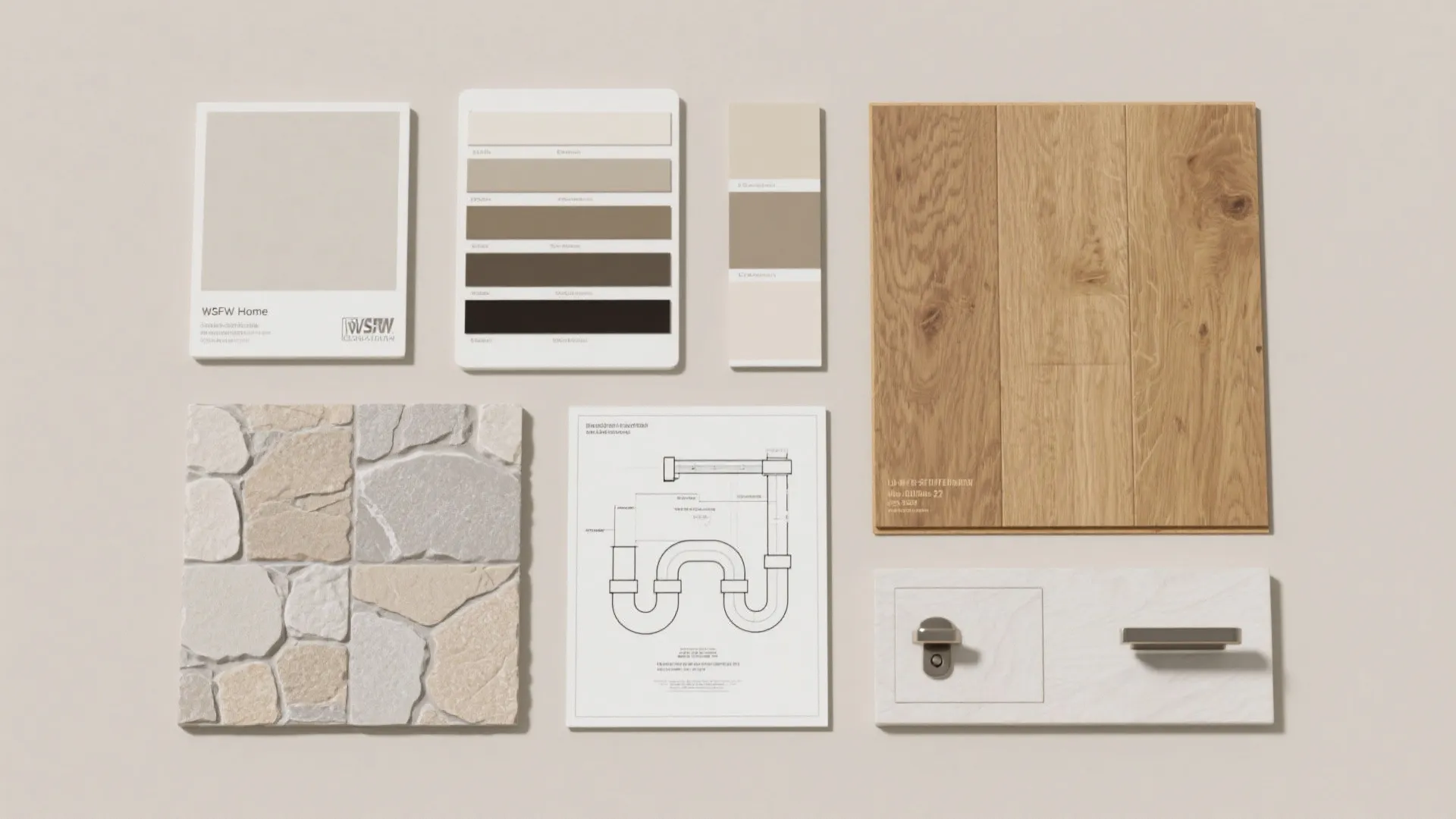 Flatlay of durable flooring, paint swatches and material samples for efficient single-story design.