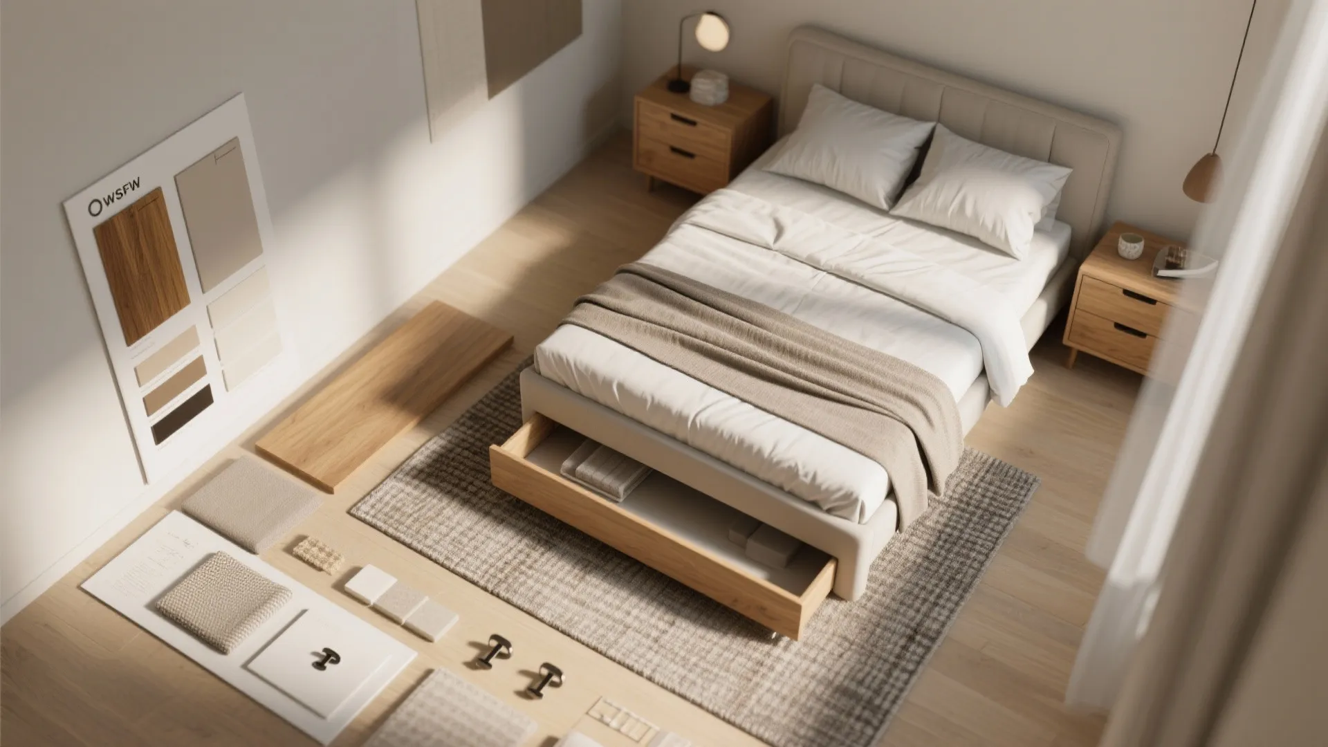 Top view of a bedroom showing fabric samples, wood boards, and a bed with storage