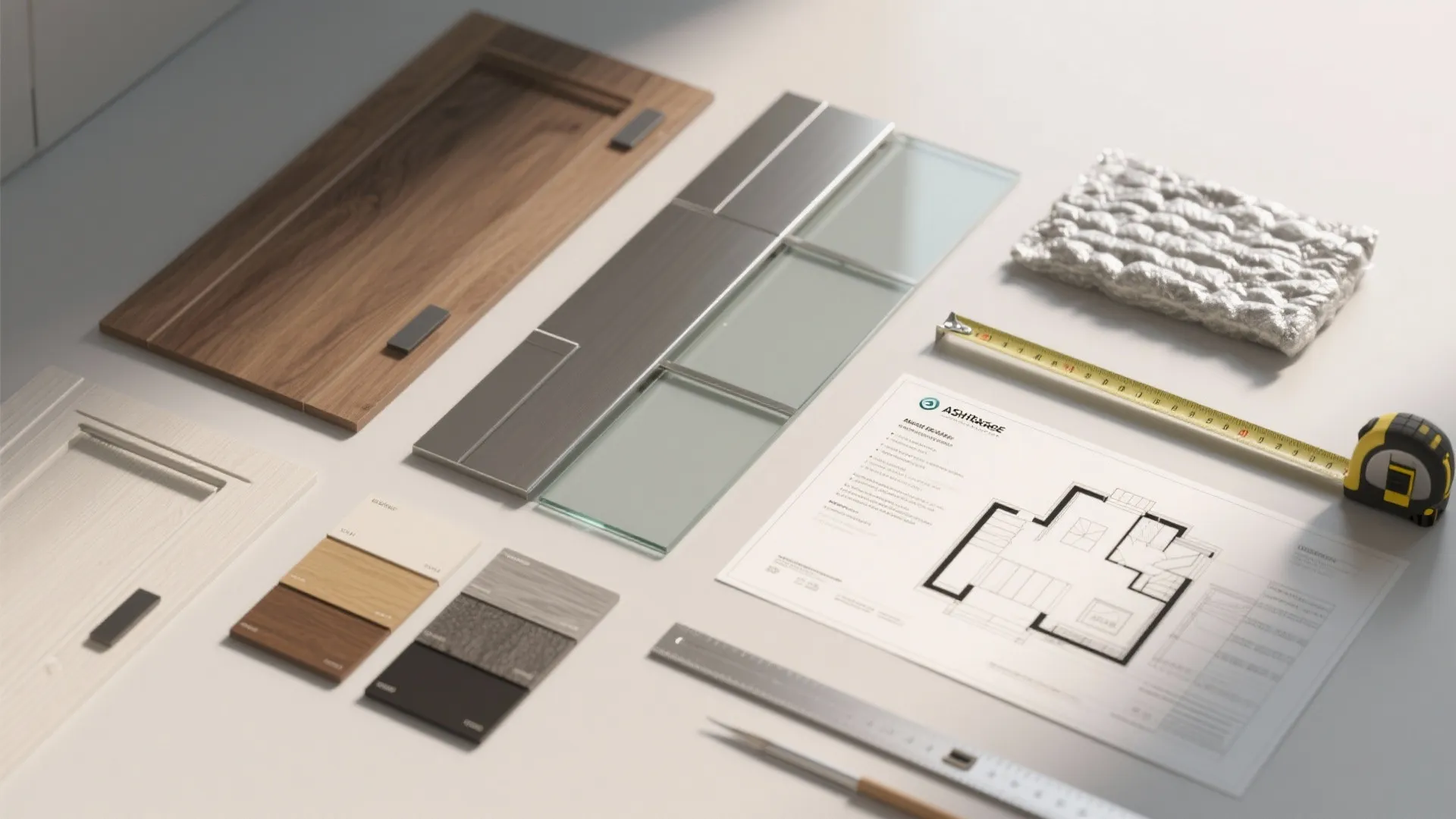 Flatlay of door material samples, measuring tools and a 3D floorplan for planning kitchen door solutions.