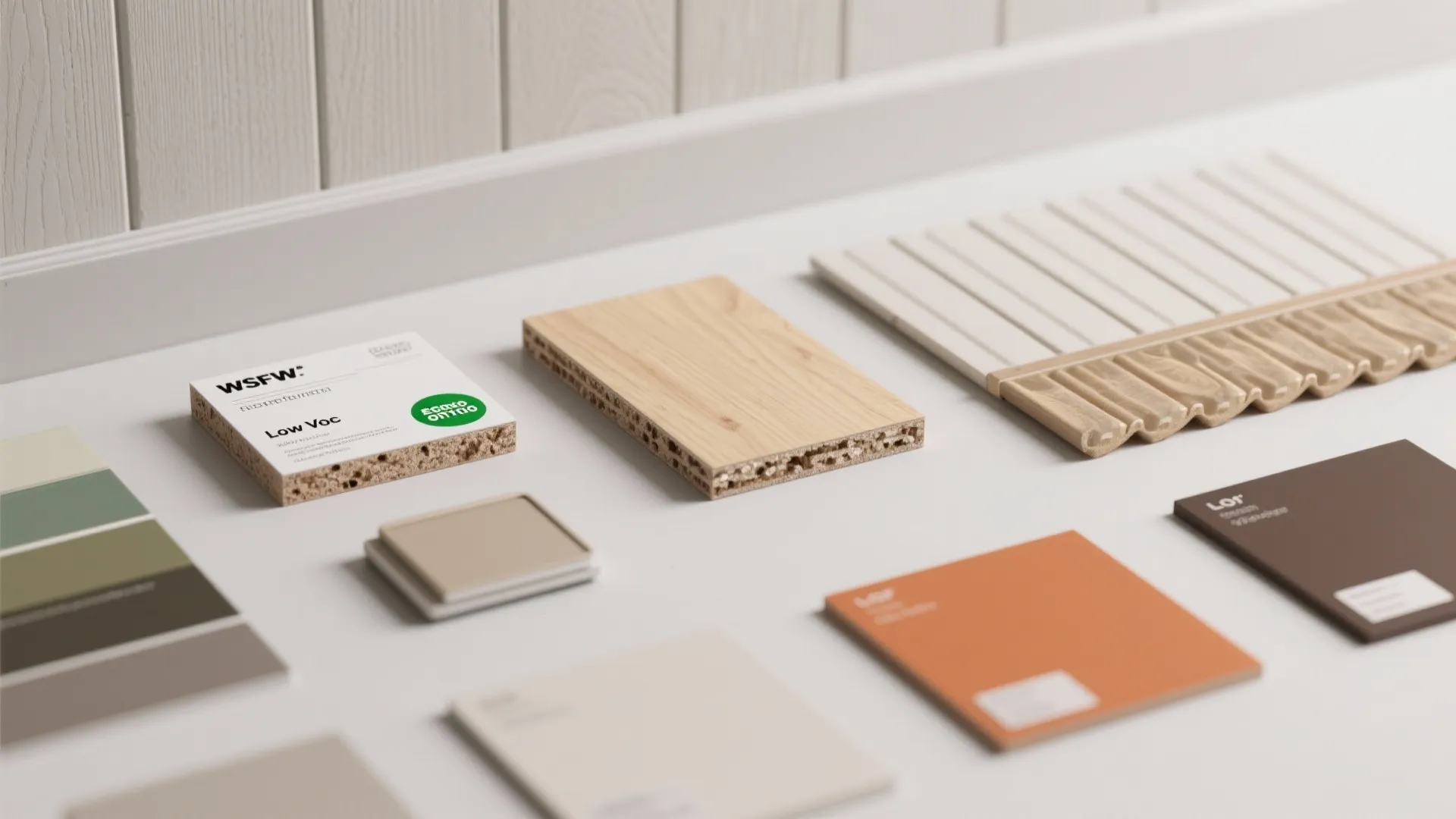 Material flatlay of MDF, timber, beadboard, 3D panel samples and paint chips for half wall options.