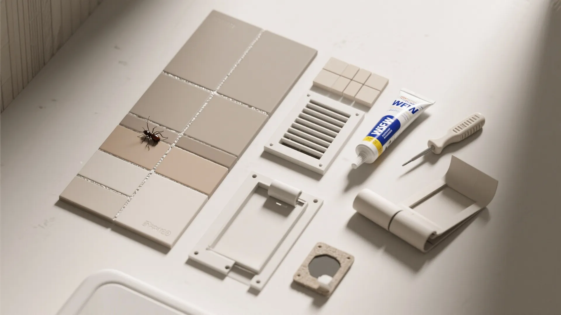 Flat lay of beige tiles vent cover glue tube screwdriver and small bug on white surface