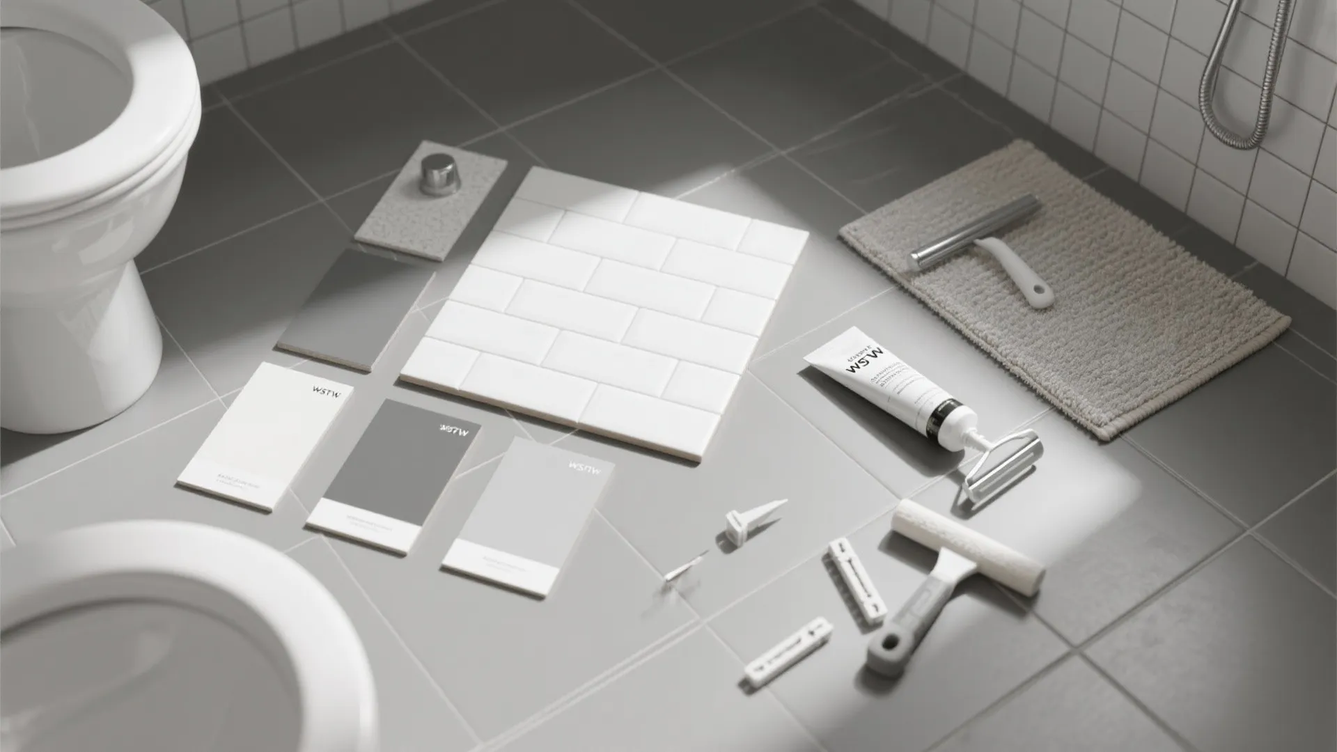 Flatlay of grey and white tile samples, grout and tools for planning a small bathroom.