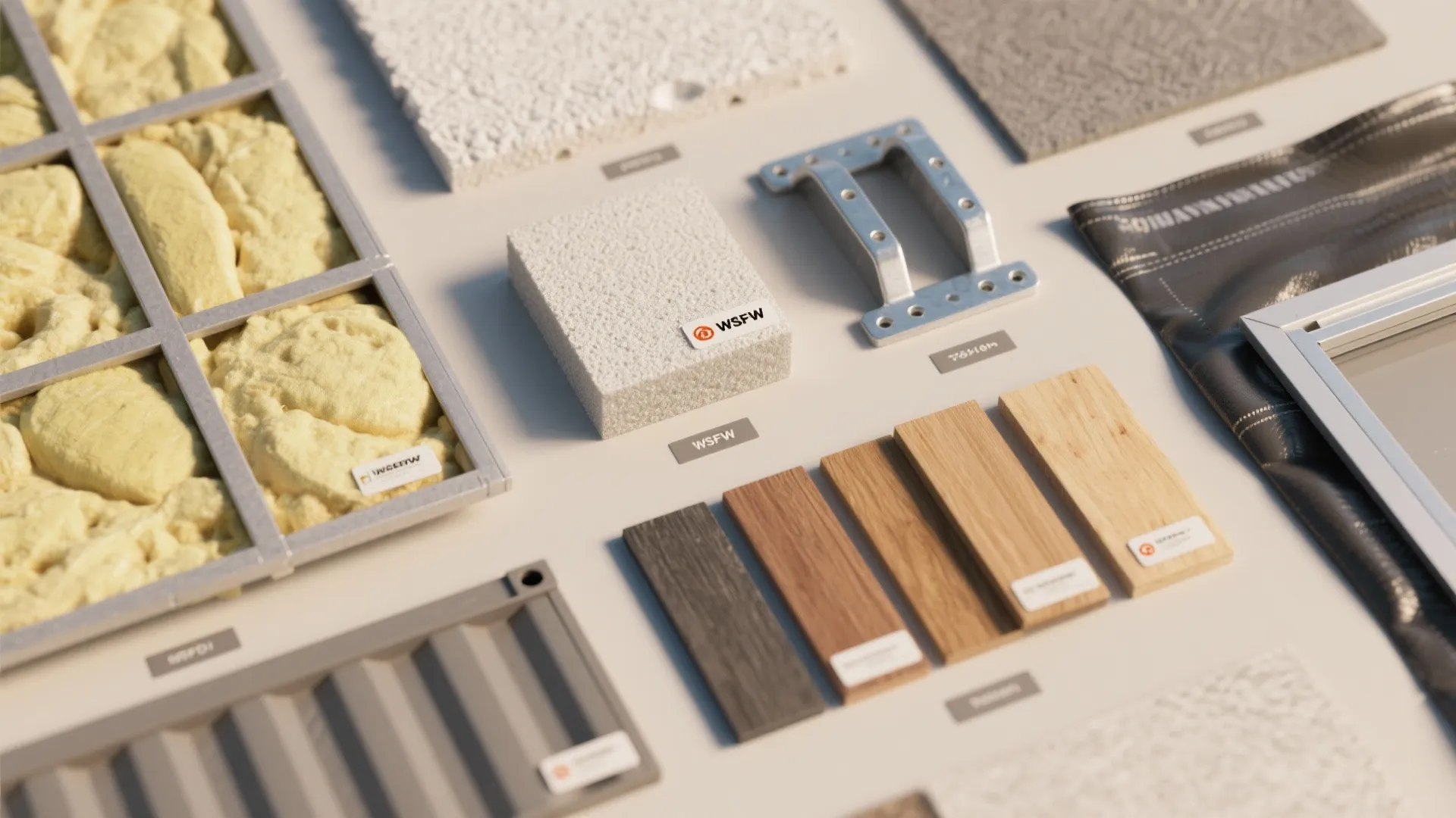 Flatlay of insulation, wood, and hardware samples for container home conversions