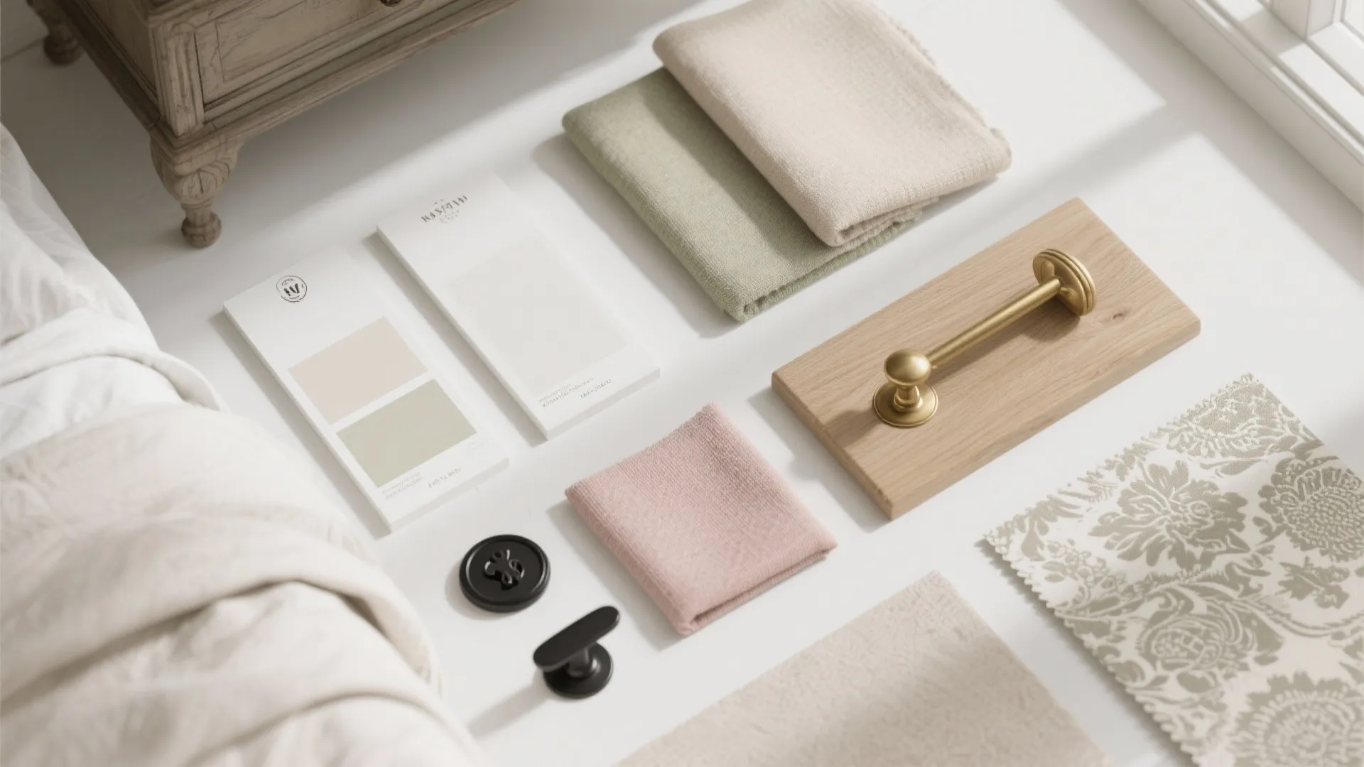Material flatlay of paint swatches, fabric samples and hardware for an antique white bedroom