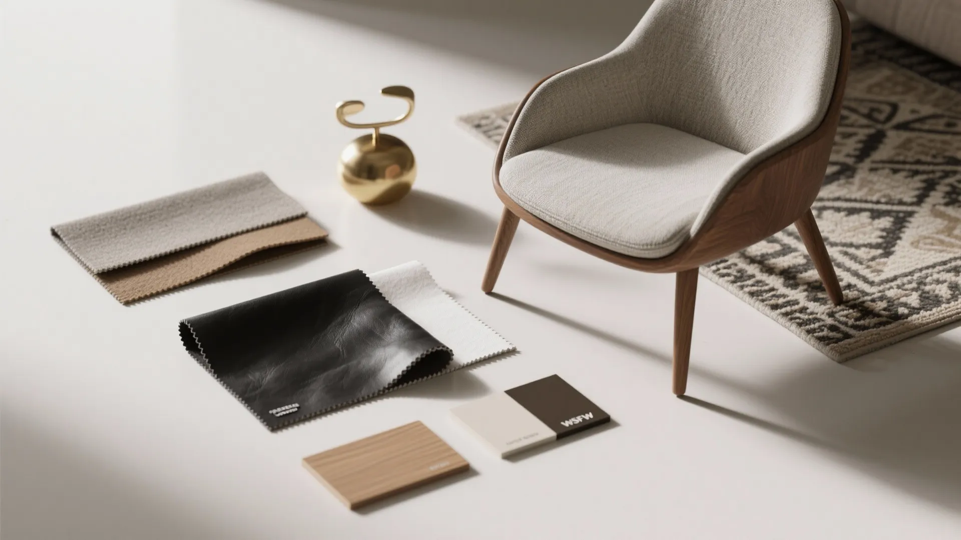 Interior design materials including fabric samples leather wood tiles and small chair on white floor