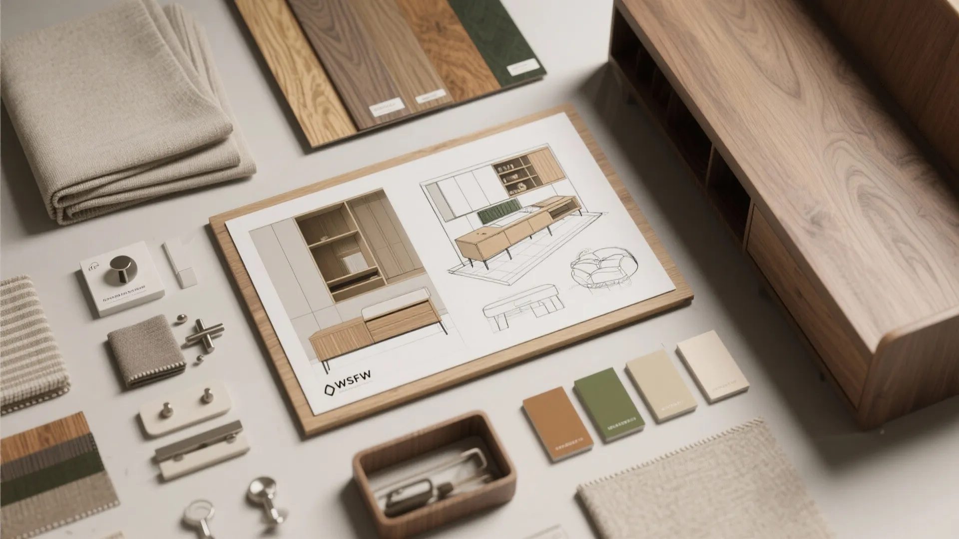 Interior design mood board with wood samples fabric swatches color cards and furniture design drawings