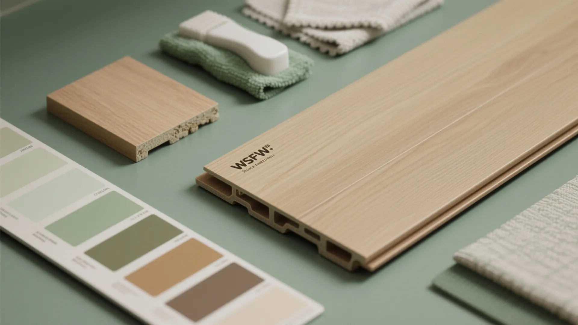 Interior design materials including wood flooring samples and paint color swatches on a green surface