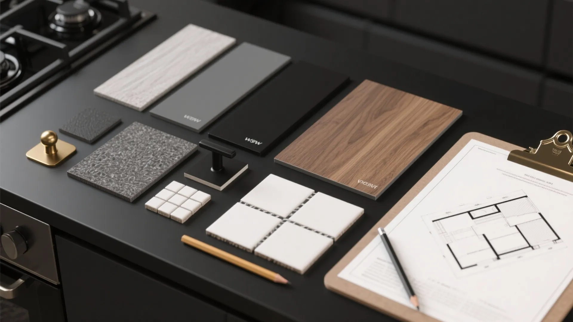 Interior design material board with wood samples tiles and floor plan layout on black kitchen counter