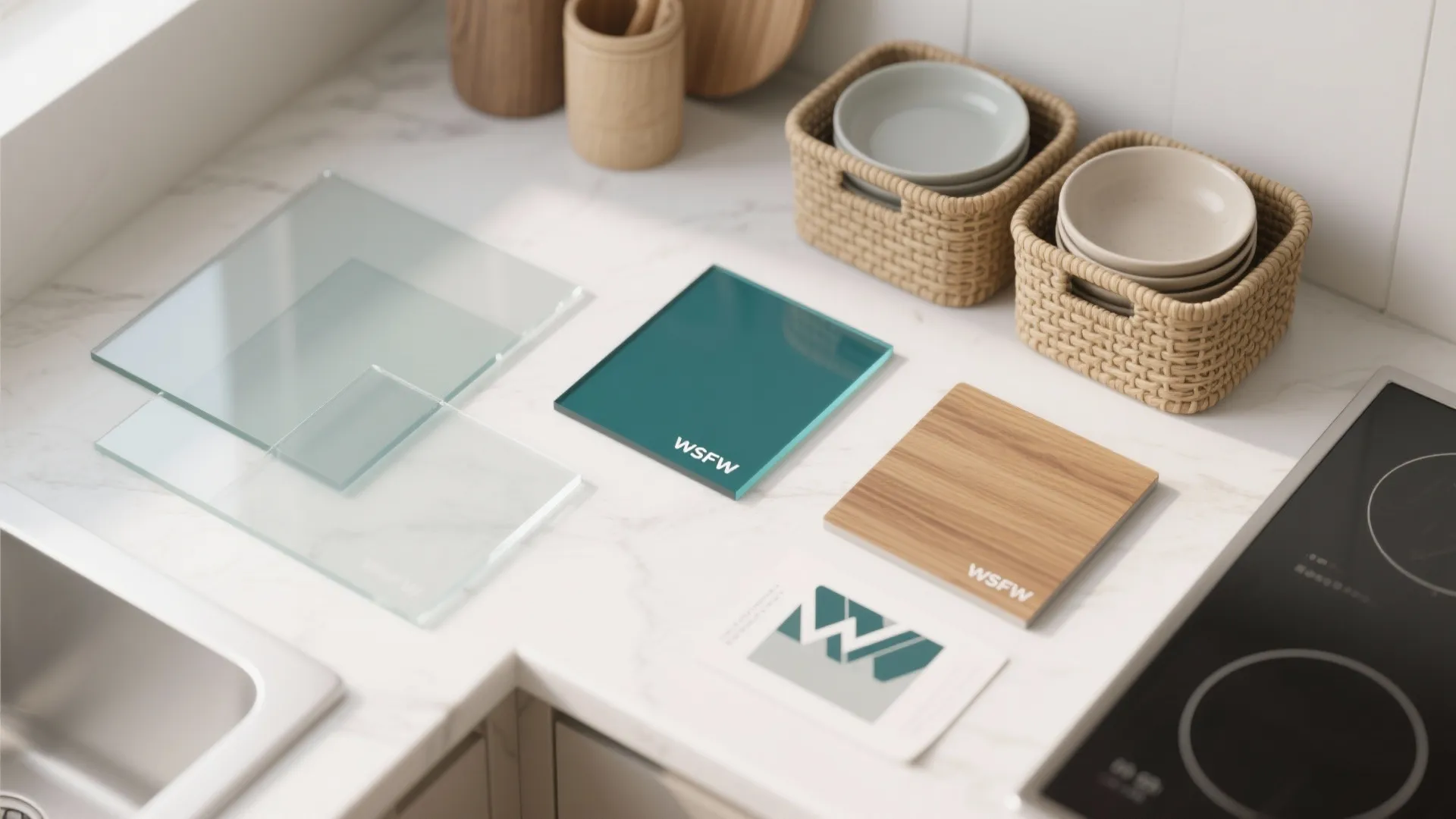Interior design material samples on white marble countertop with glass wood tiles and woven baskets