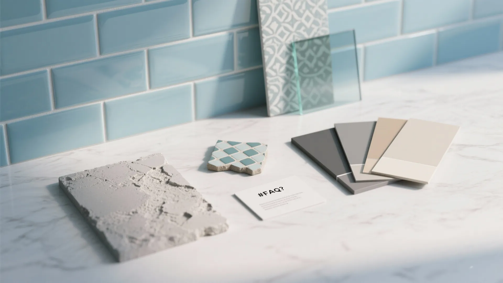 Marble table with blue wall tiles paint color cards and different home decoration material finish samples