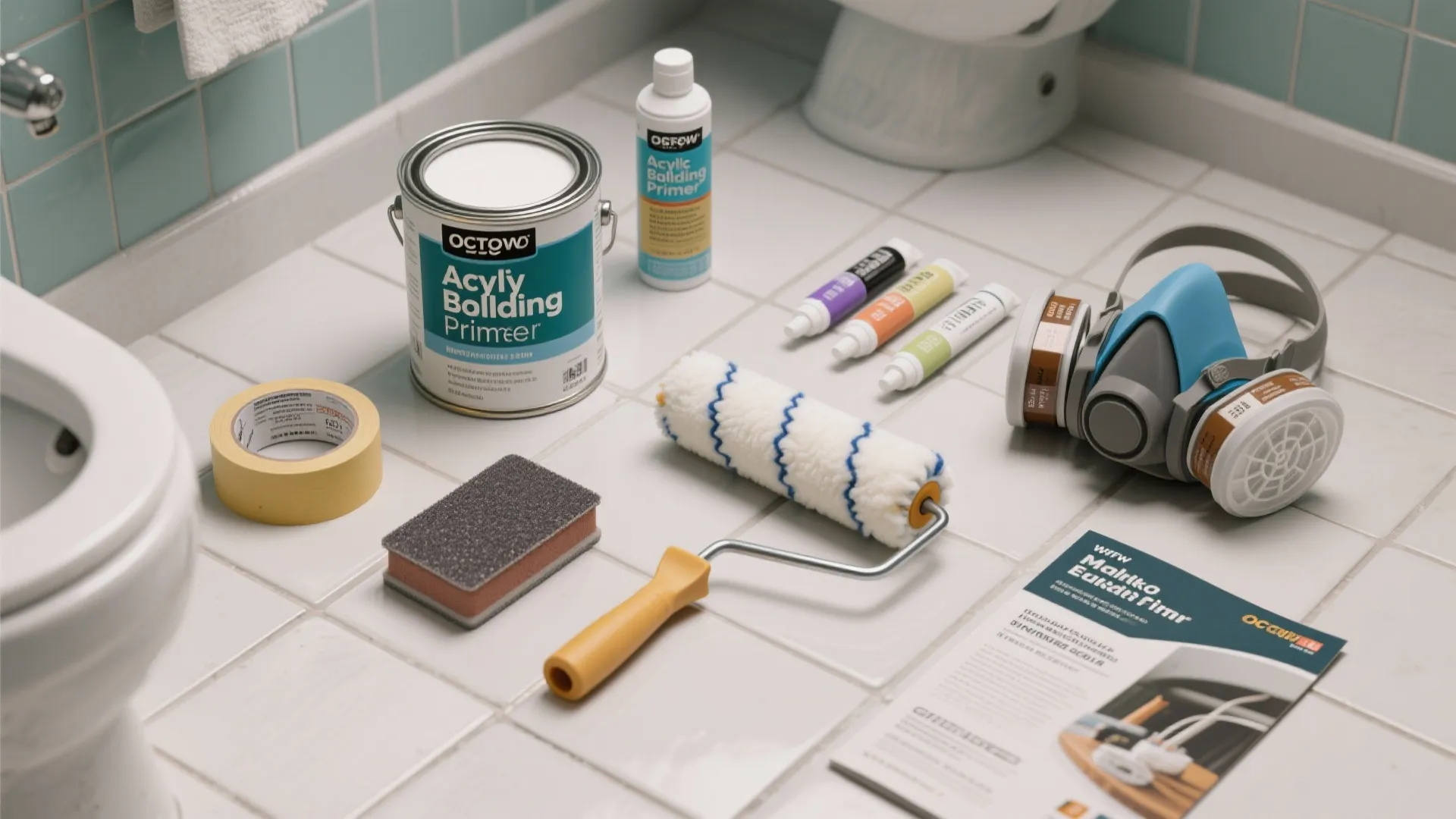 Flatlay of tile painting supplies including primers, sealer, tape, rollers, and grout colorant