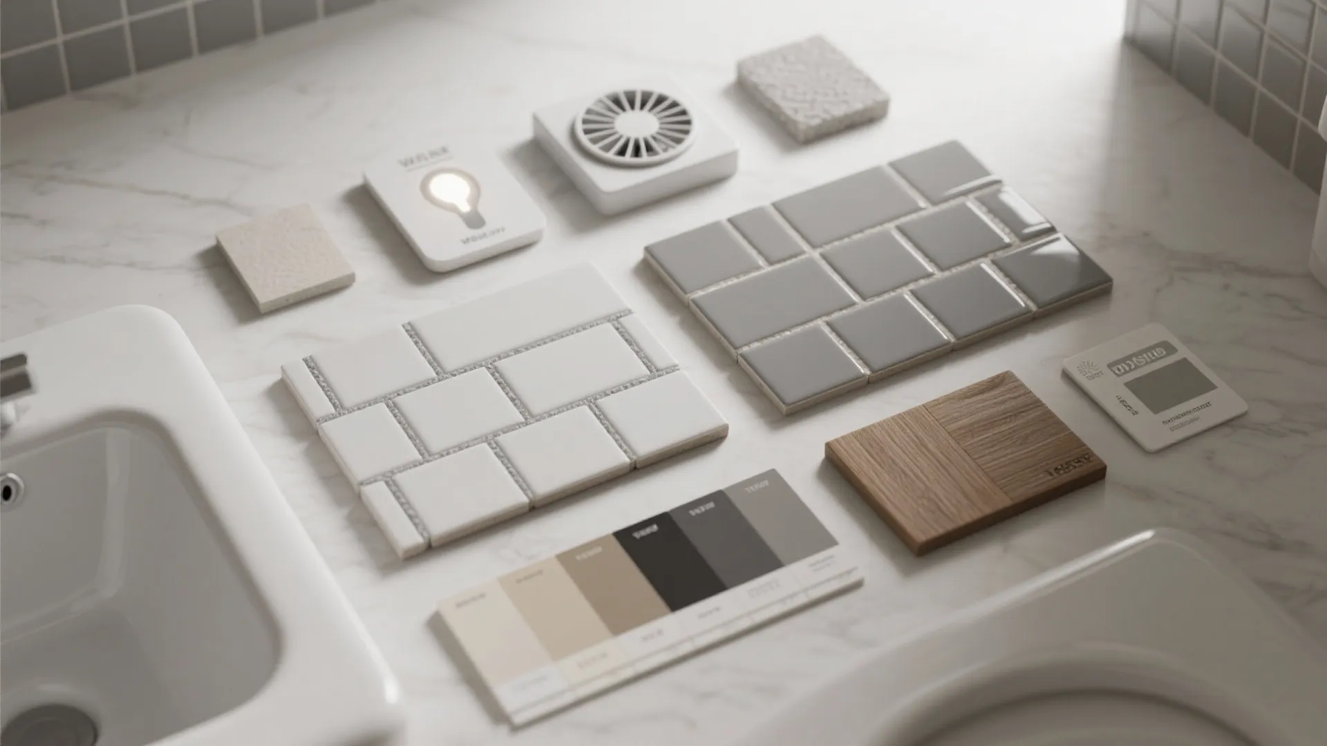 Interior design materials flatlay featuring white tiles grey tiles wood sample and color palette board