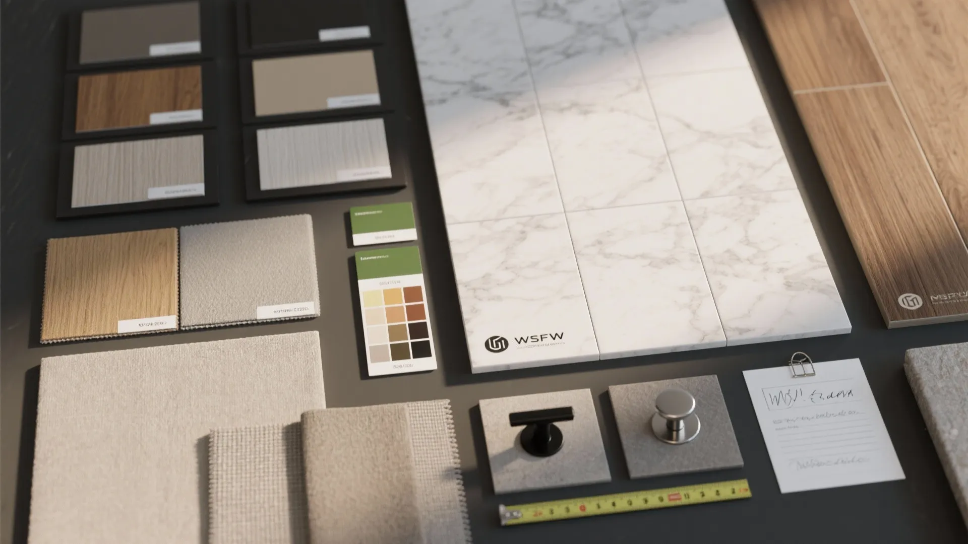 Material flatlay featuring quartz, porcelain tile, wood veneer, fabric swatches and hardware samples for a modern home.