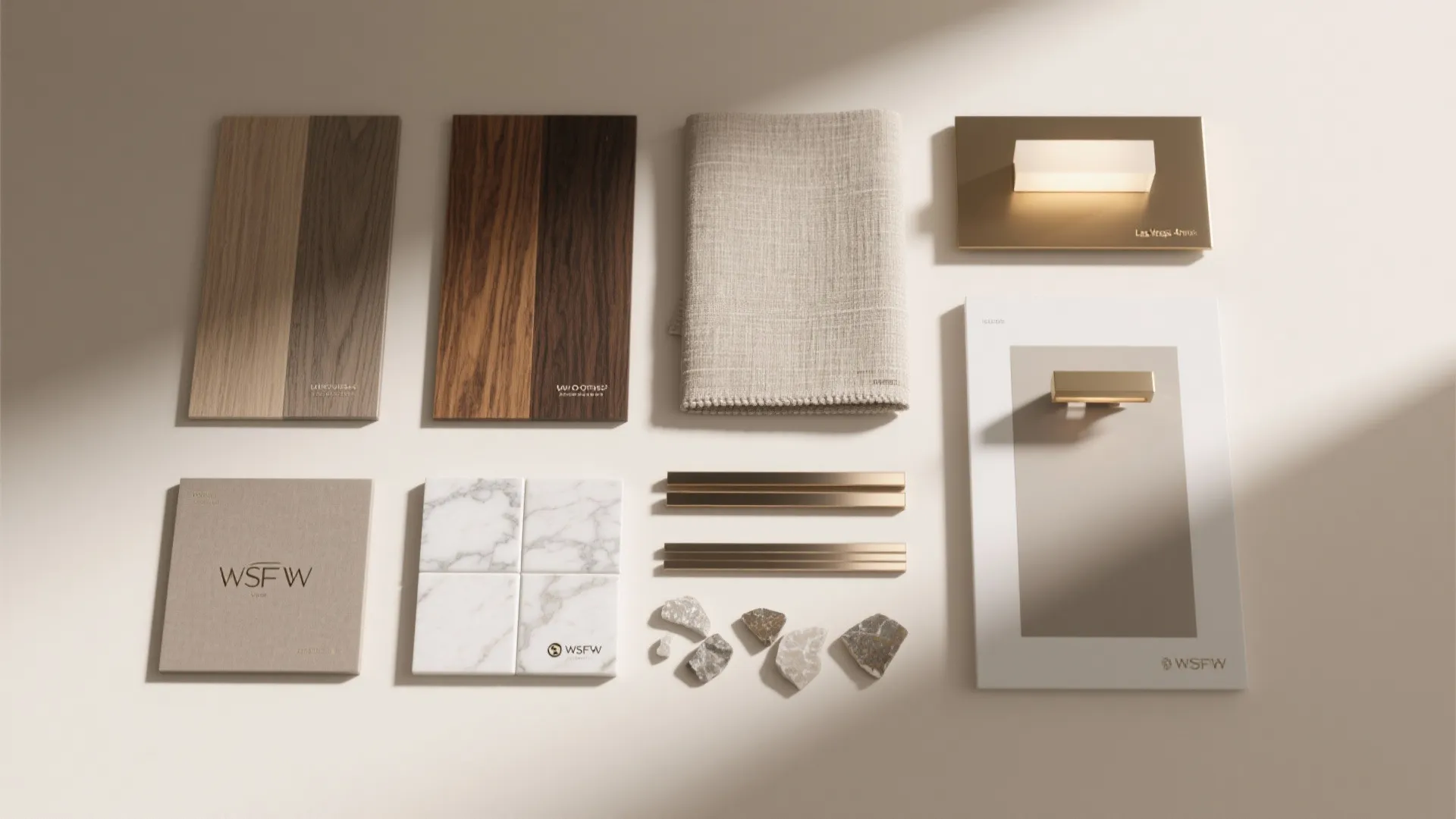 Flatlay of finish and material samples for a luxury Las Vegas suite design palette.