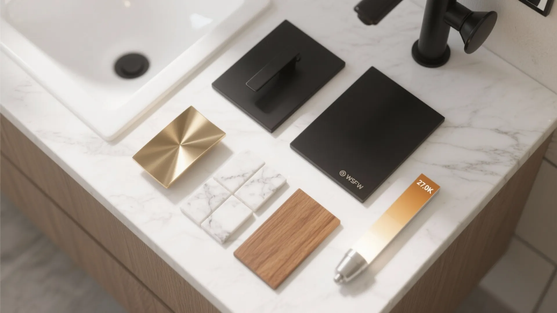 Collection of bathroom material samples including marble wood tiles black metal and gold metal pieces displayed