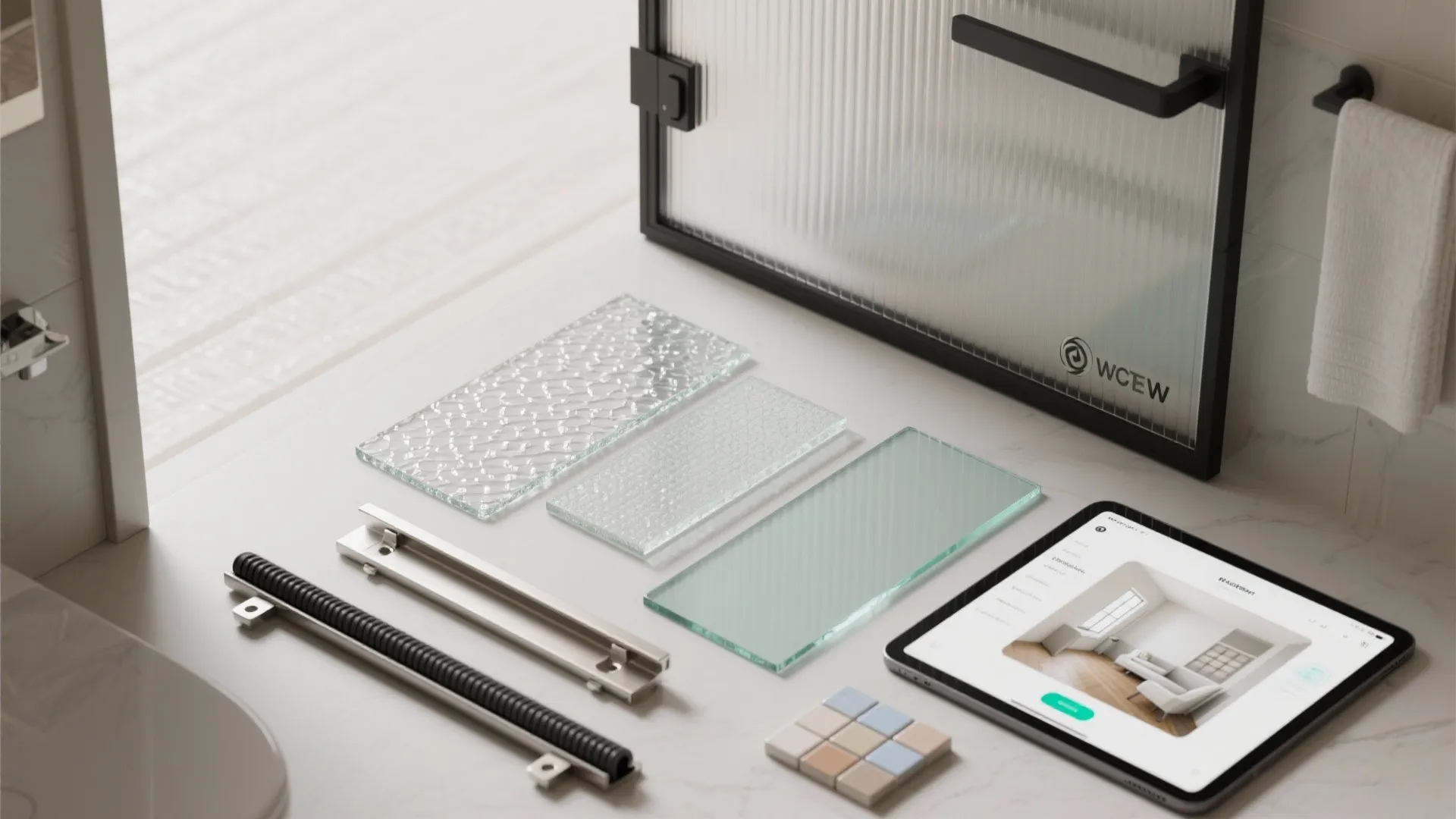Flat lay showing glass samples a tablet with interior design drawing and small tile samples