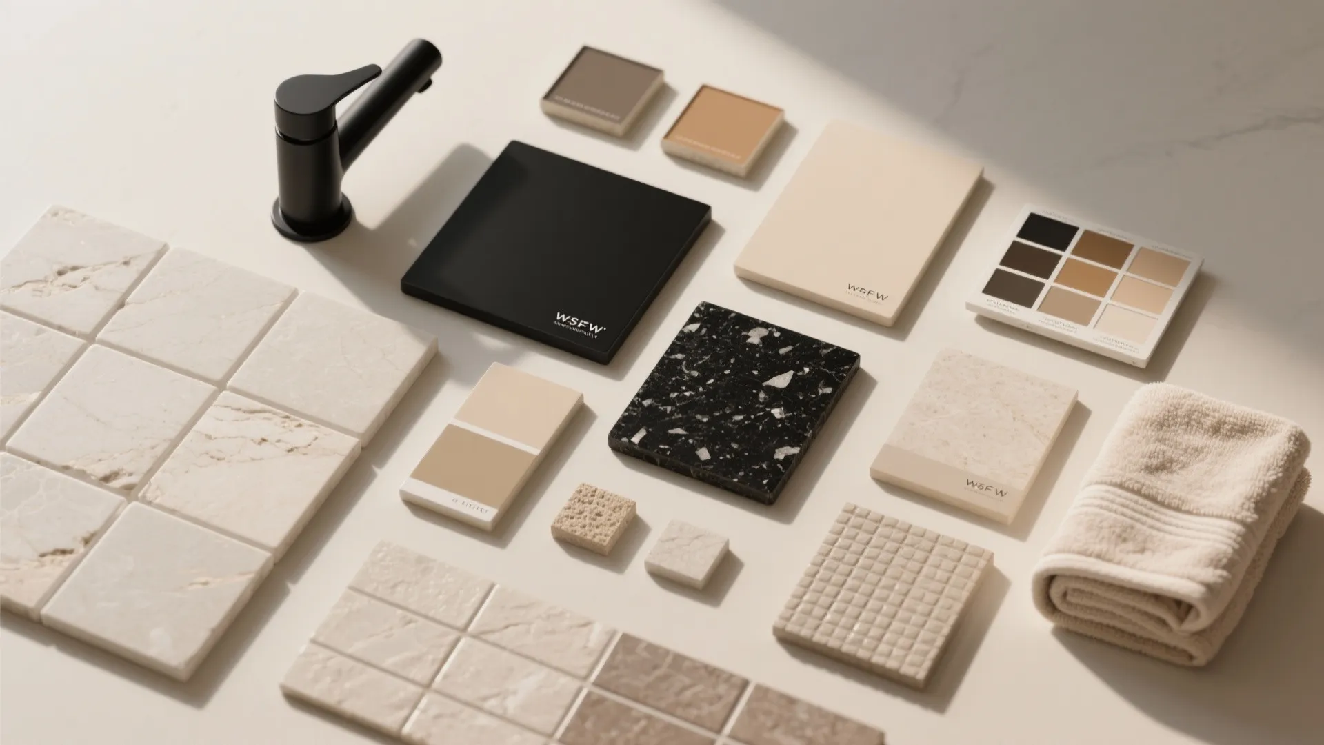 Interior design flat lay with beige stone tiles, black faucet, color swatches, and cream towel