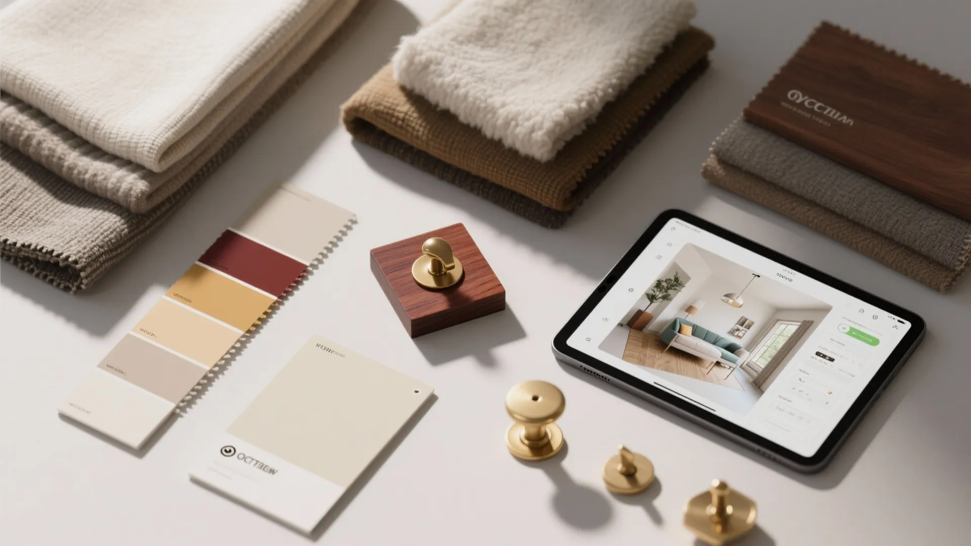 Top-down flatlay of paint chips, fabric swatches, cherry wood sample and brass hardware next to a room planner on tablet.