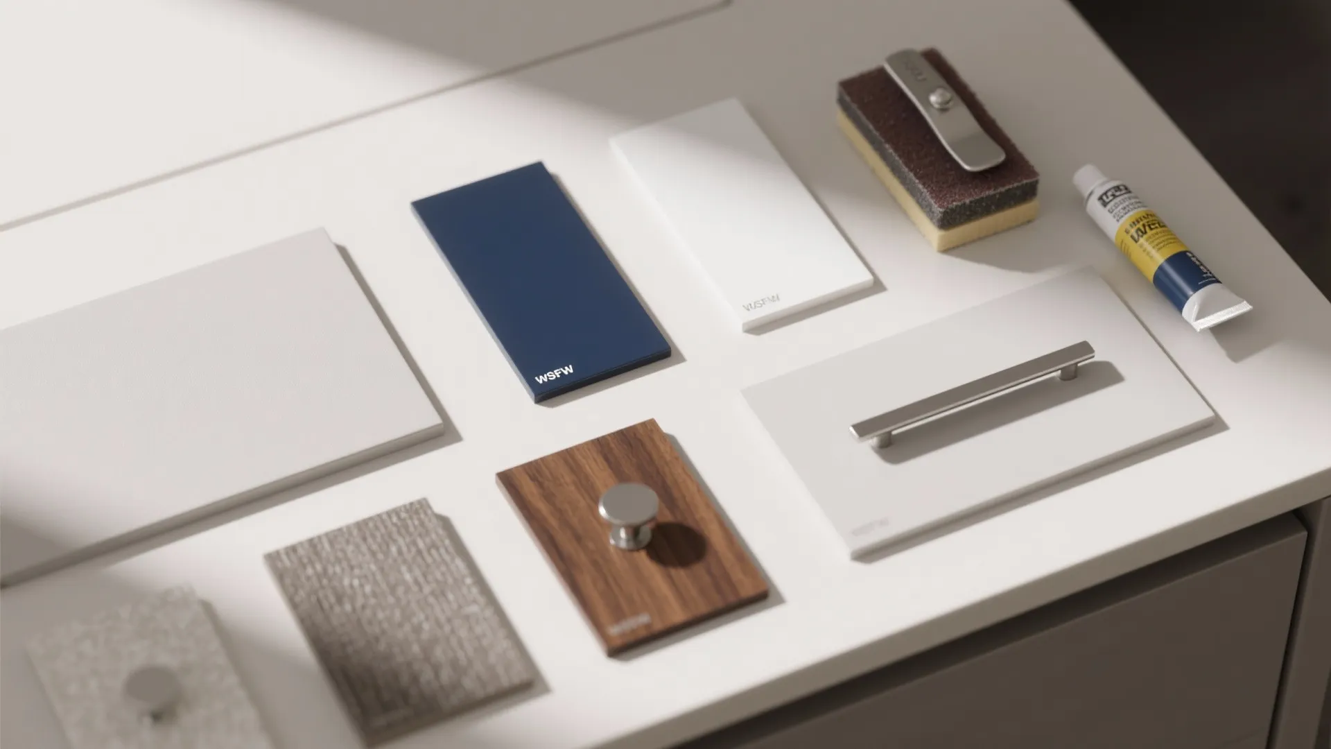 Interior design material board with blue and white color swatches wood panels and metal handles