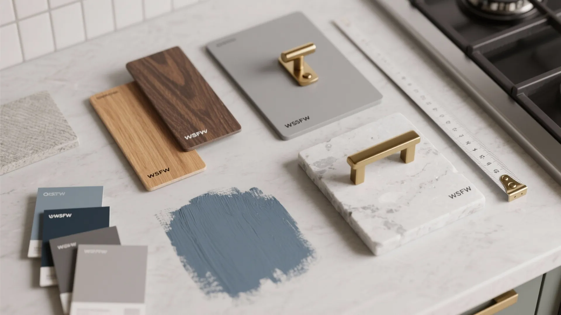 Interior design materials on white counter including wood samples stone tiles gold handles and paint