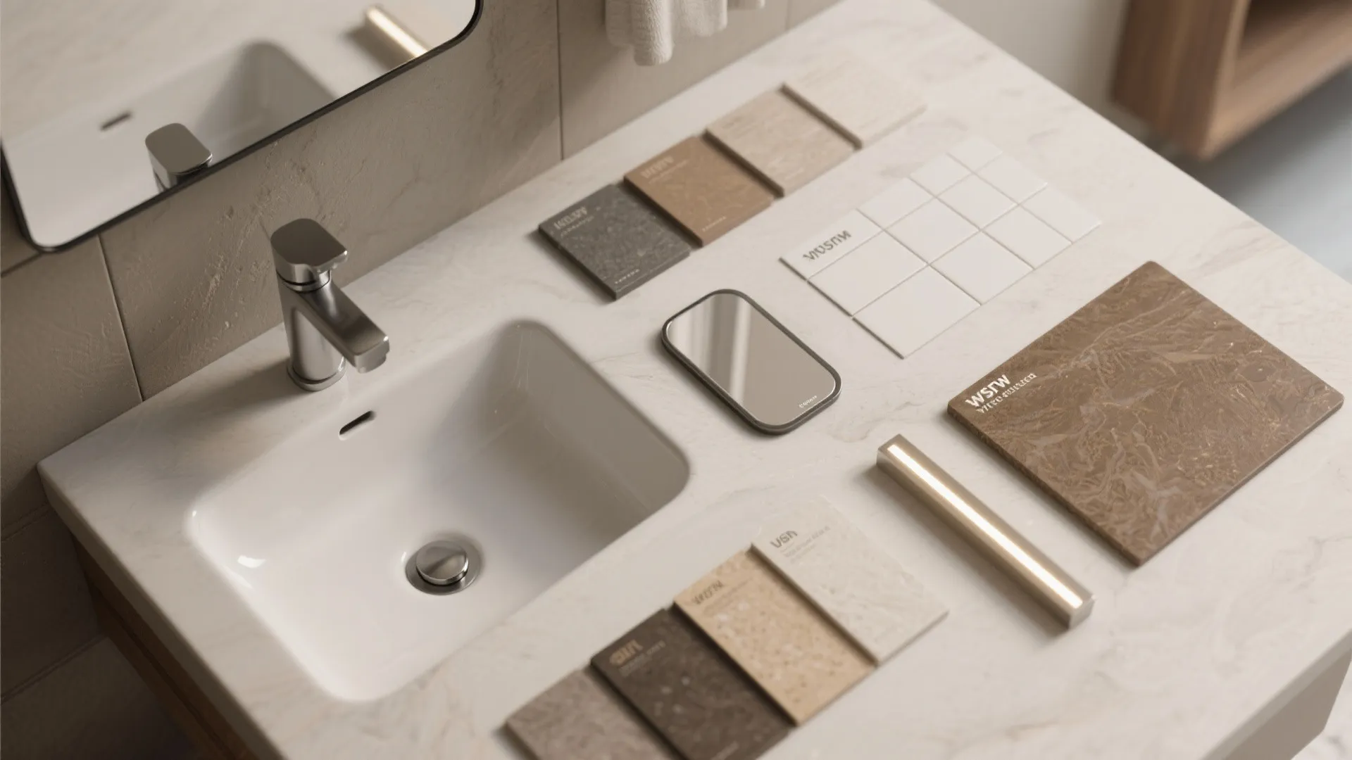 Top-down flatlay of material samples for small bathroom sinks and fixtures