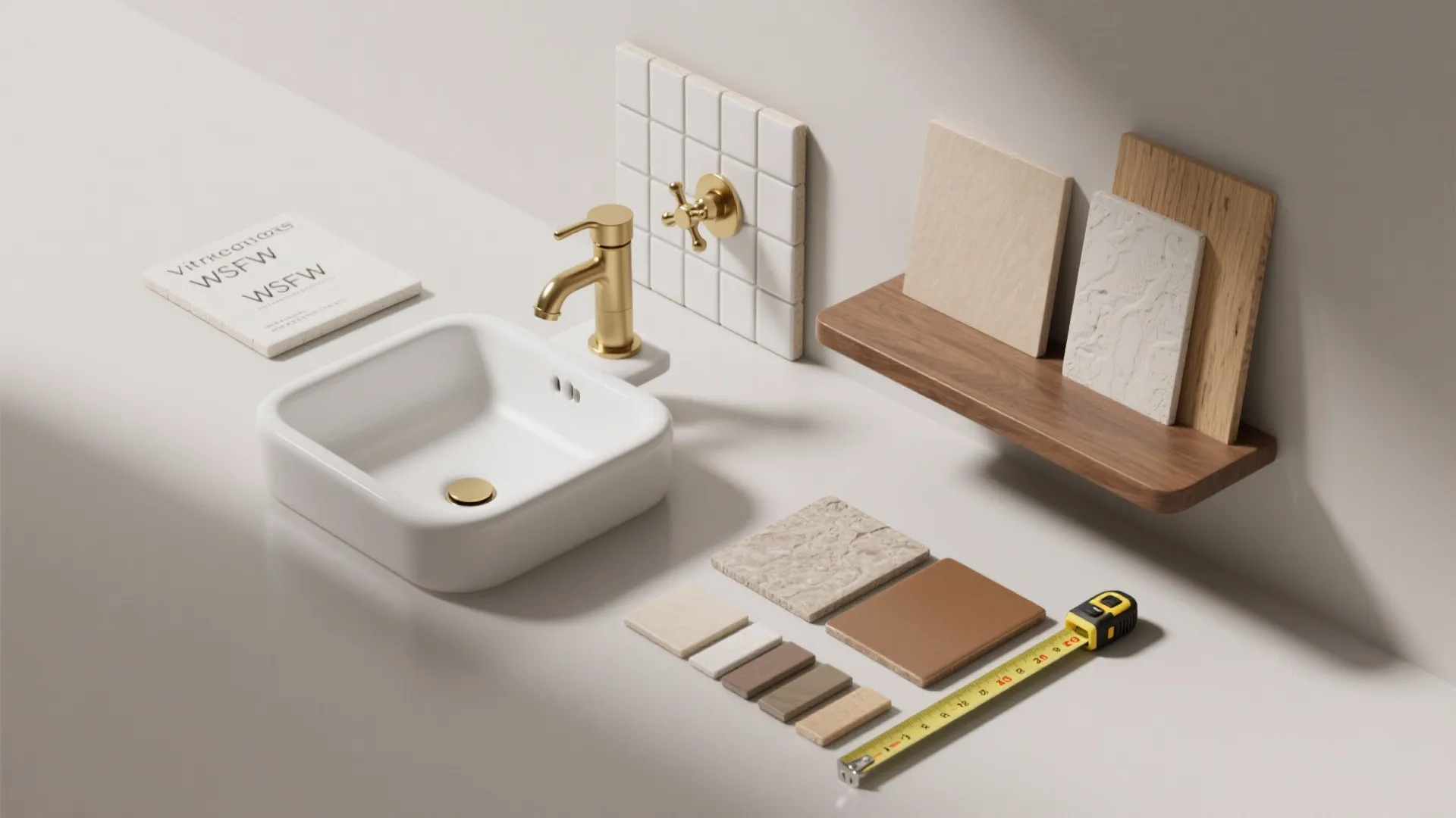 Interior design material samples with white sink gold faucet wood tiles and yellow measuring tape