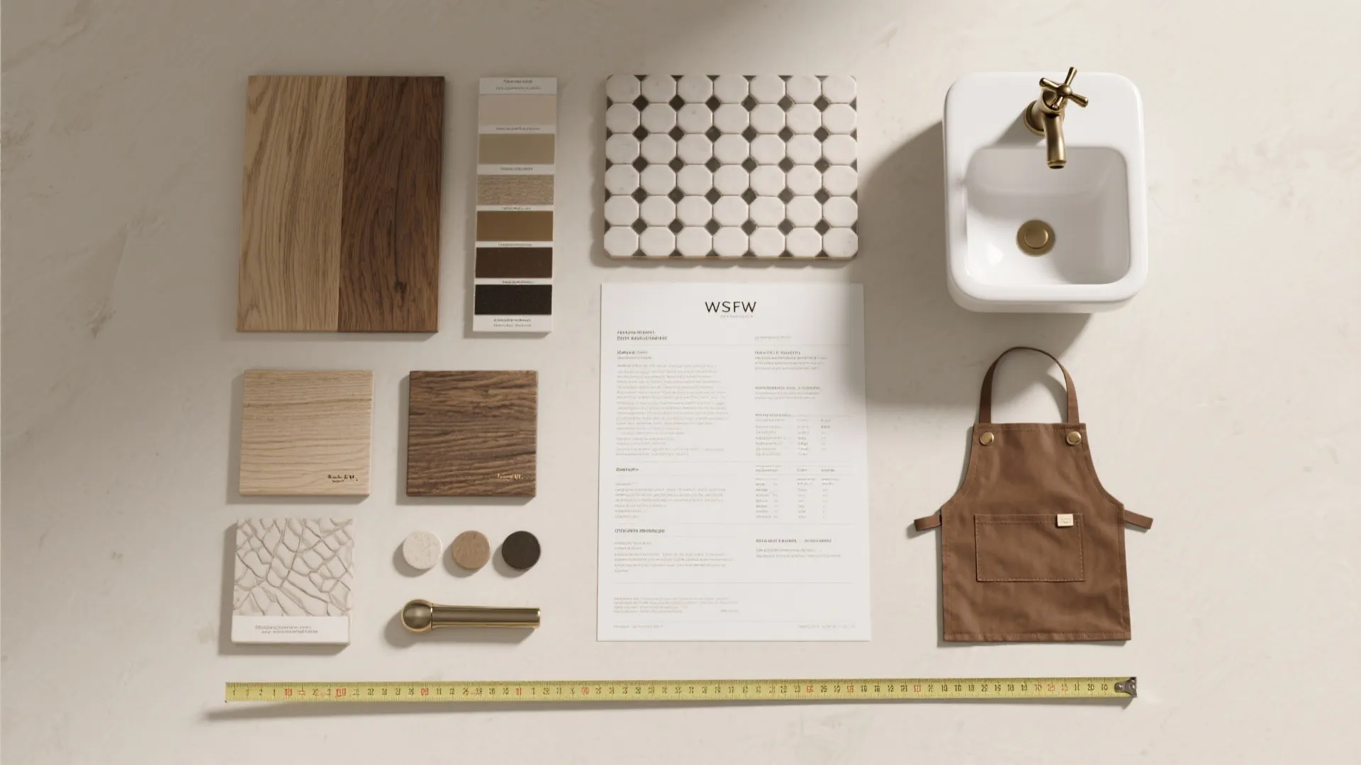 Interior design materials including wood samples tiles color palette small sink and a brown apron