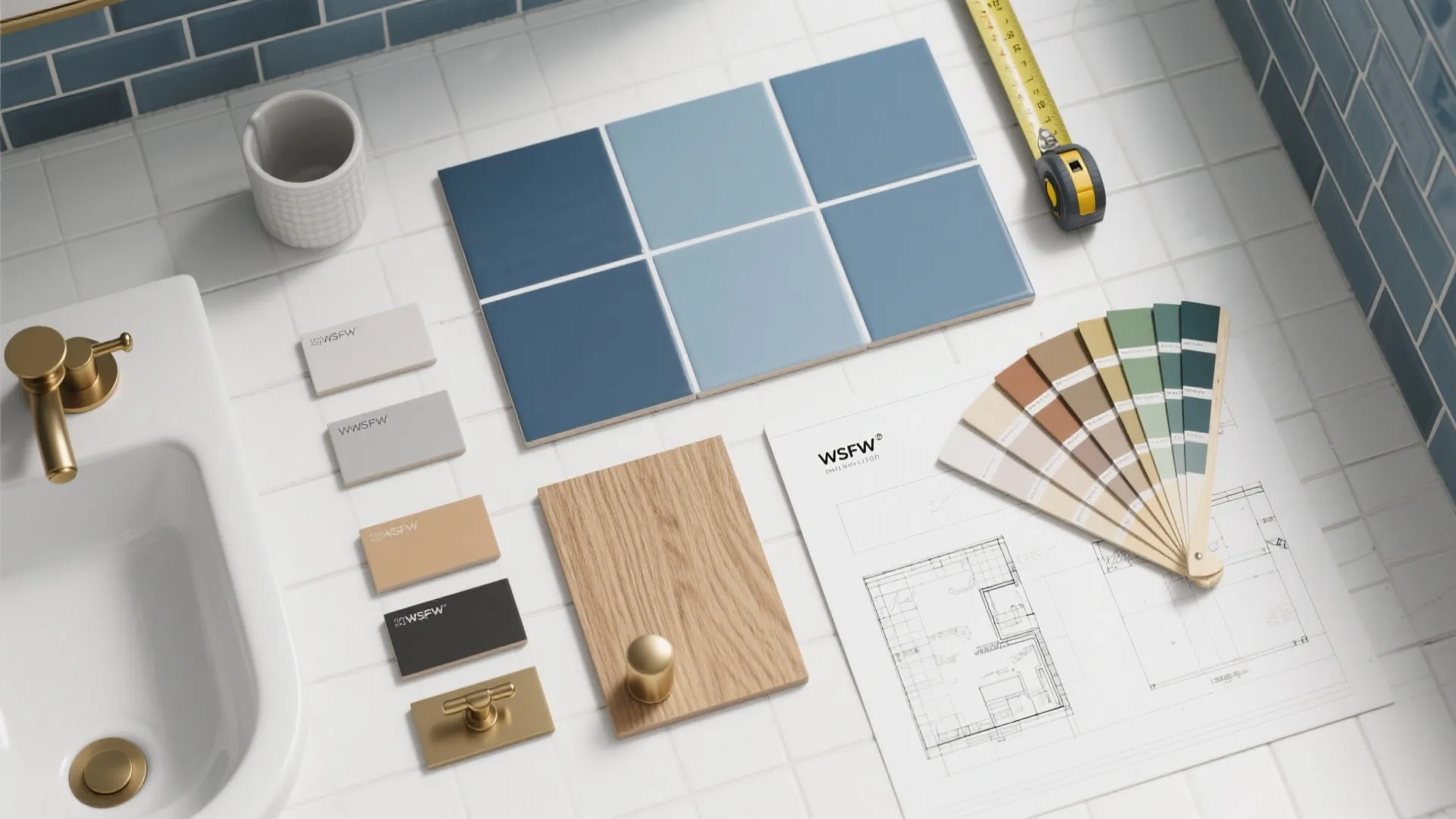 Flatlay of blue tile samples, grout swatches, hardware and floor plan sketch for bathroom planning
