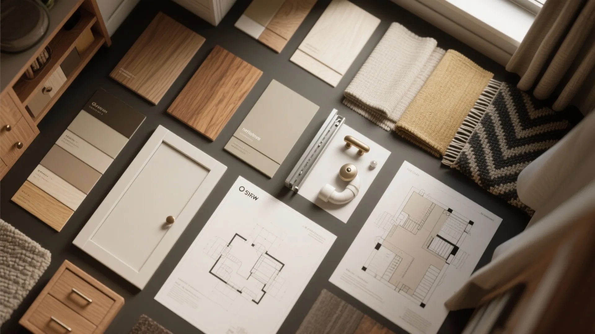Flatlay of material swatches, hardware and floorplan sketches for tiny house design