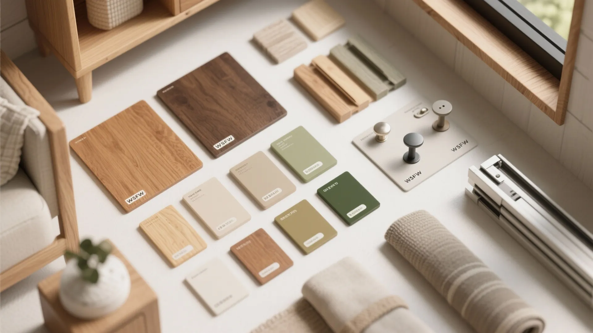 Interior design material board with wood samples color swatches fabric rolls and metal door handles