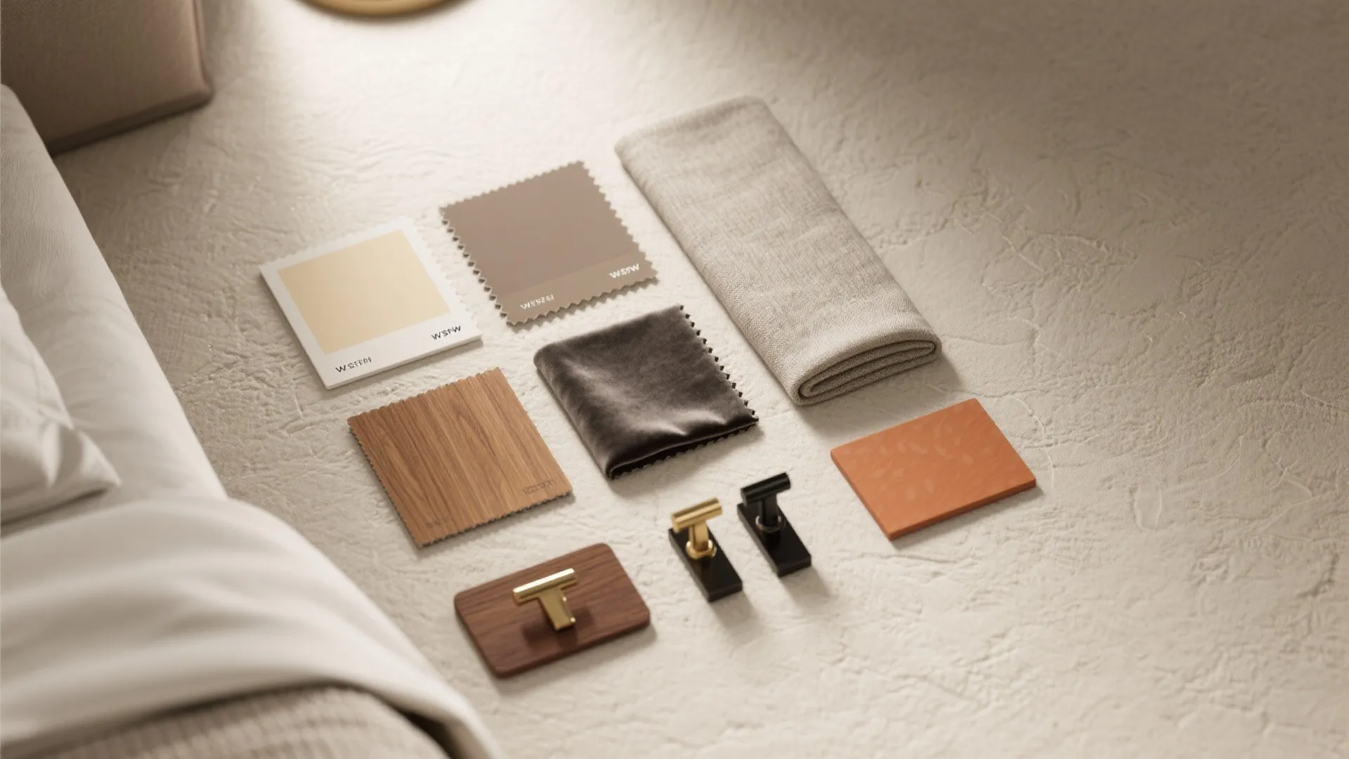 Interior design materials including wood samples plus fabric swatches and small metal door handles layout