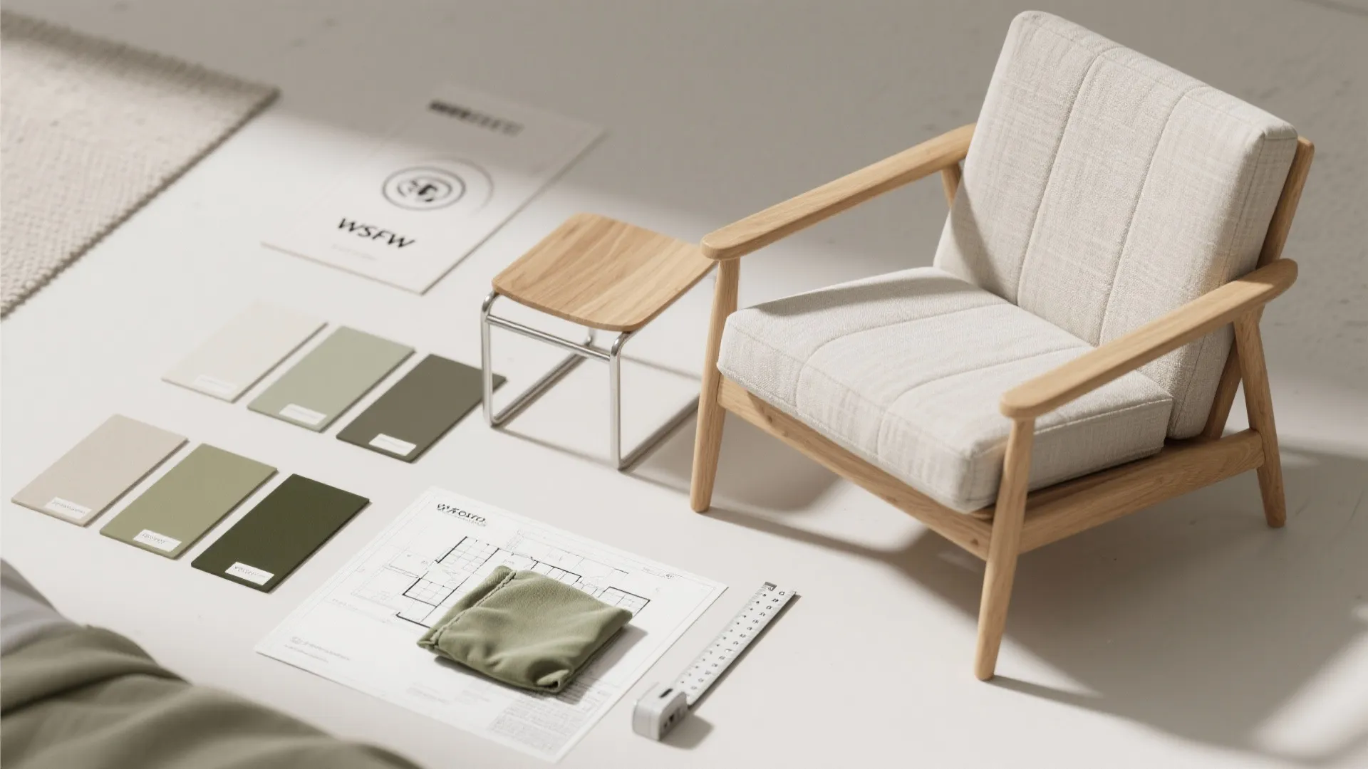 Interior design layout on floor featuring a white armchair, small table, color samples, and drawings