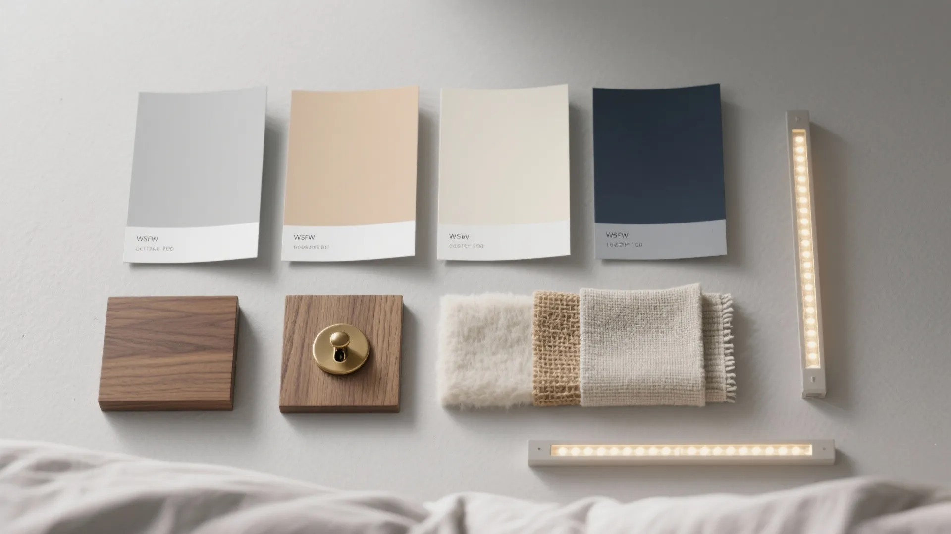 Interior design mood board with paint swatches wood samples fabric textures and small light fixtures
