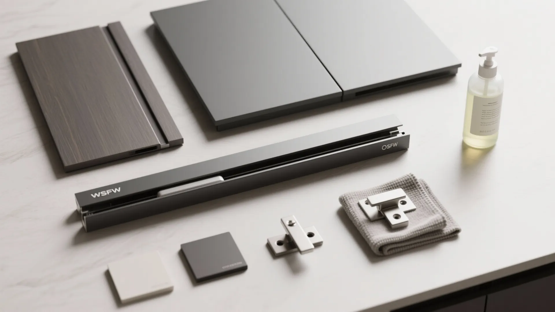 Collection of kitchen cabinet hardware samples, wood panels, and metal parts on a white surface
