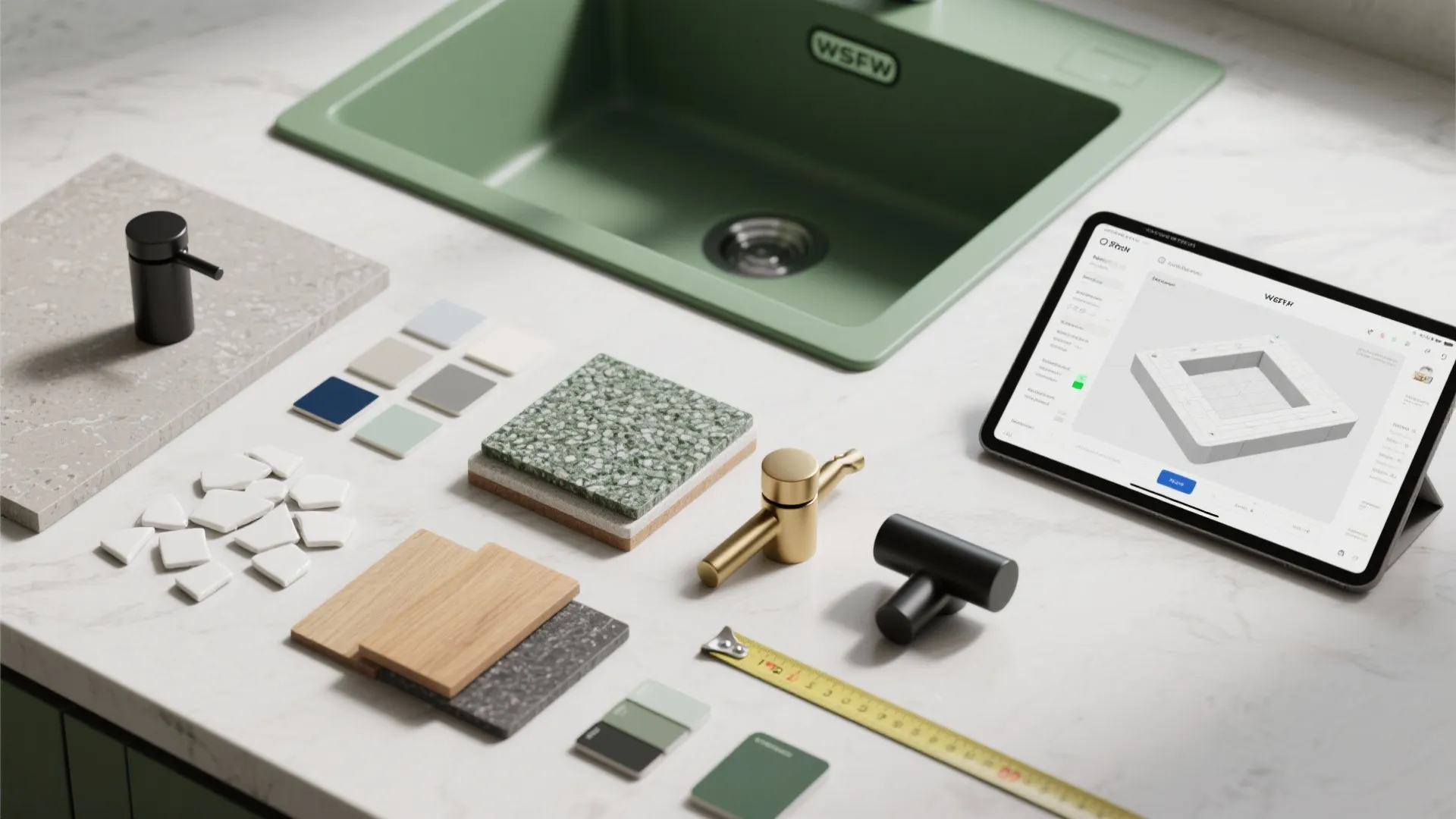 Kitchen material samples including wood tiles and hardware next to a tablet showing room layout