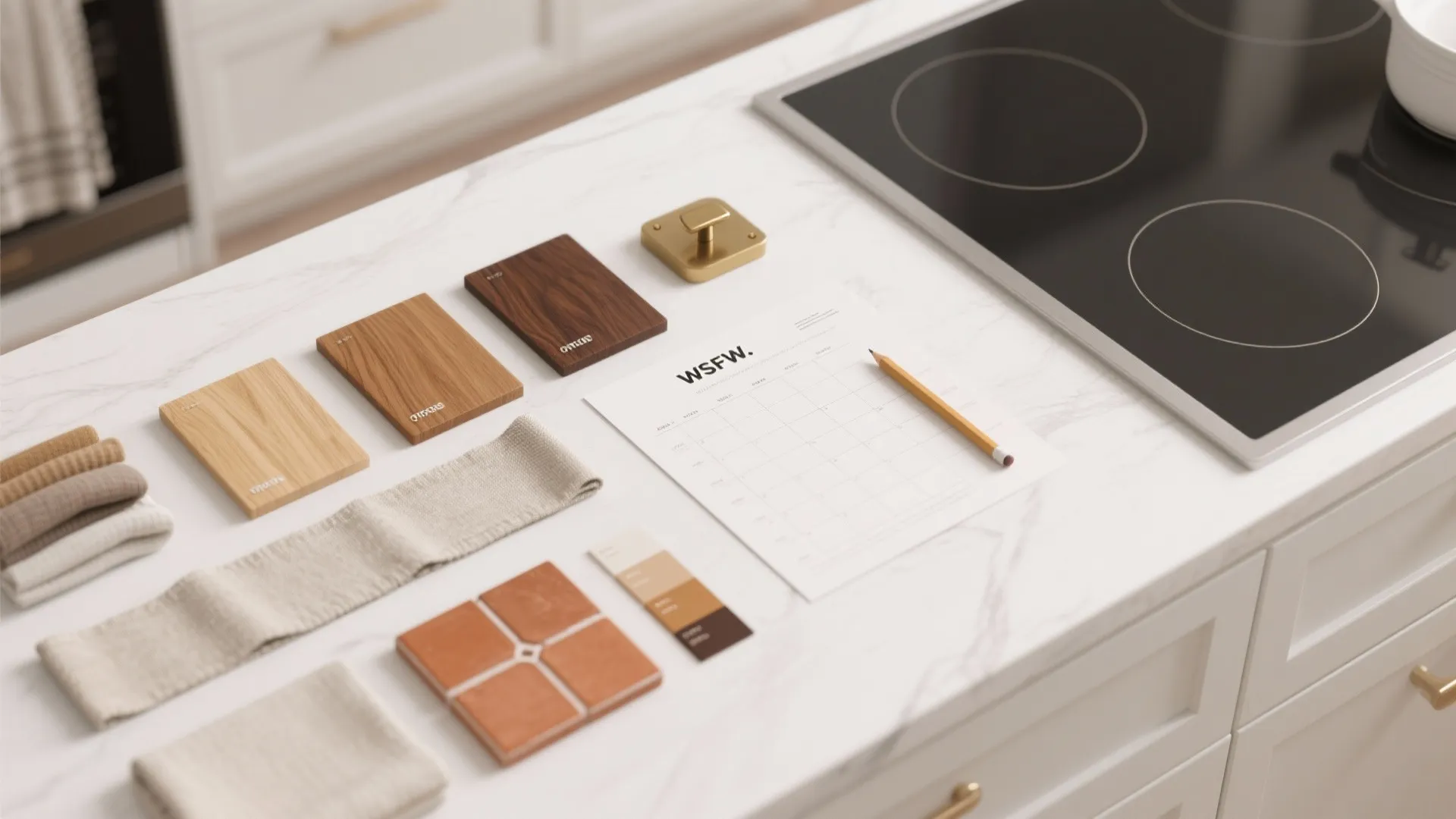 Kitchen material board with wood samples tile fabric and planning paper on white marble countertop