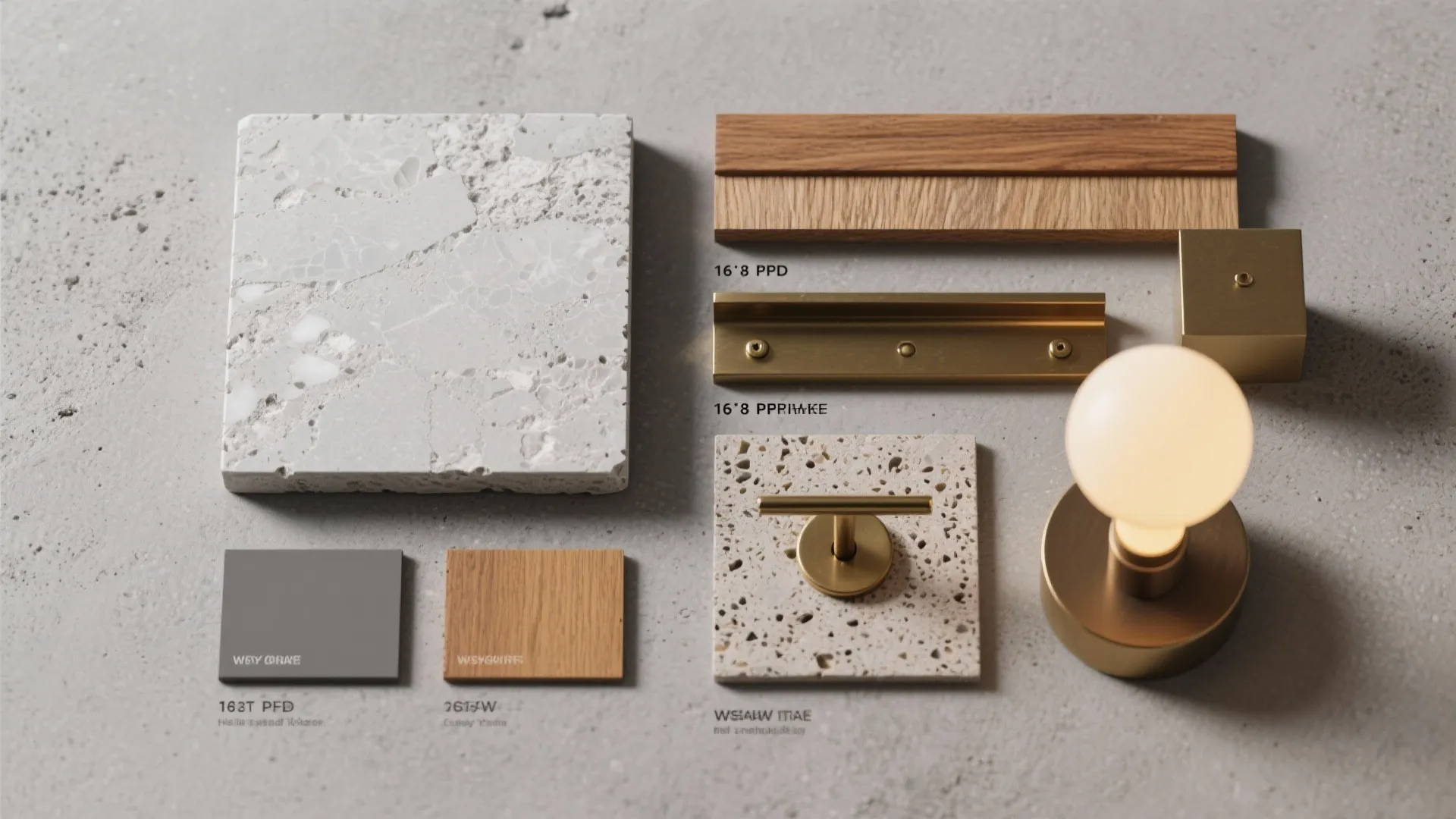 Interior design materials flatlay with stone tiles wood samples brass light fixture and grey wall